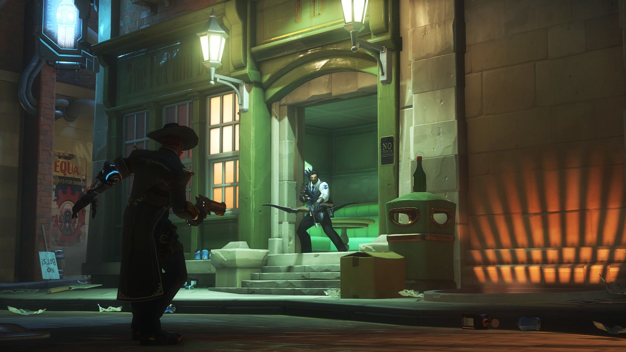 Screenshot of Overwatch 2 of a shadowy Cassidy in his Gambler cosmetic approaching the doorway of a bar at night, gun raised. In the doorway of the bar is Hanzo in his Scion cosmetic, bow drawn.