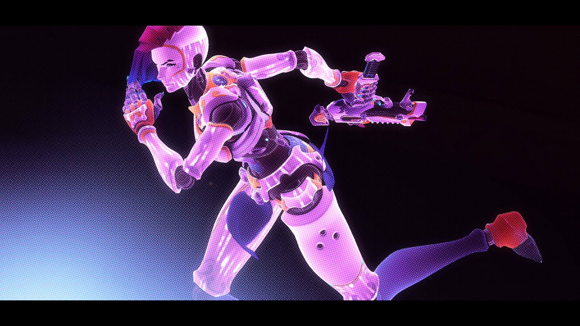 Screenshot of Sombra from Overwatch in her Marionette skin running, with most of her body in the frame. She is in stealth meaning her white robotic skin is covered in purple binary. She looks determined.