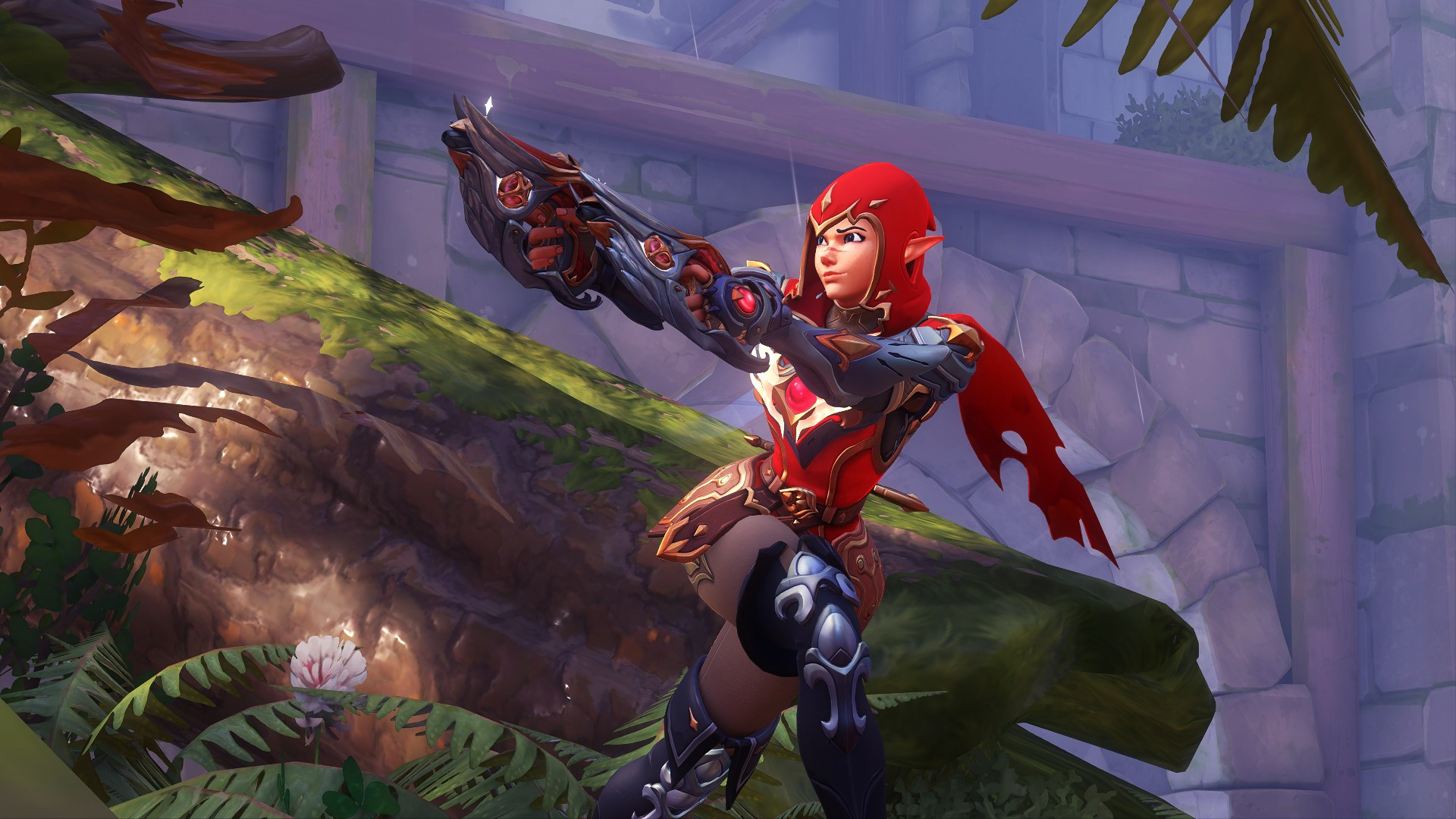 A screenshot of Tracer from Overwatch - she is wearing her Adventurer cosmetic, second tier, in red. She is in action pose with her guns pointed to the left, running through a forest scene with a fallen log and castle behind her.