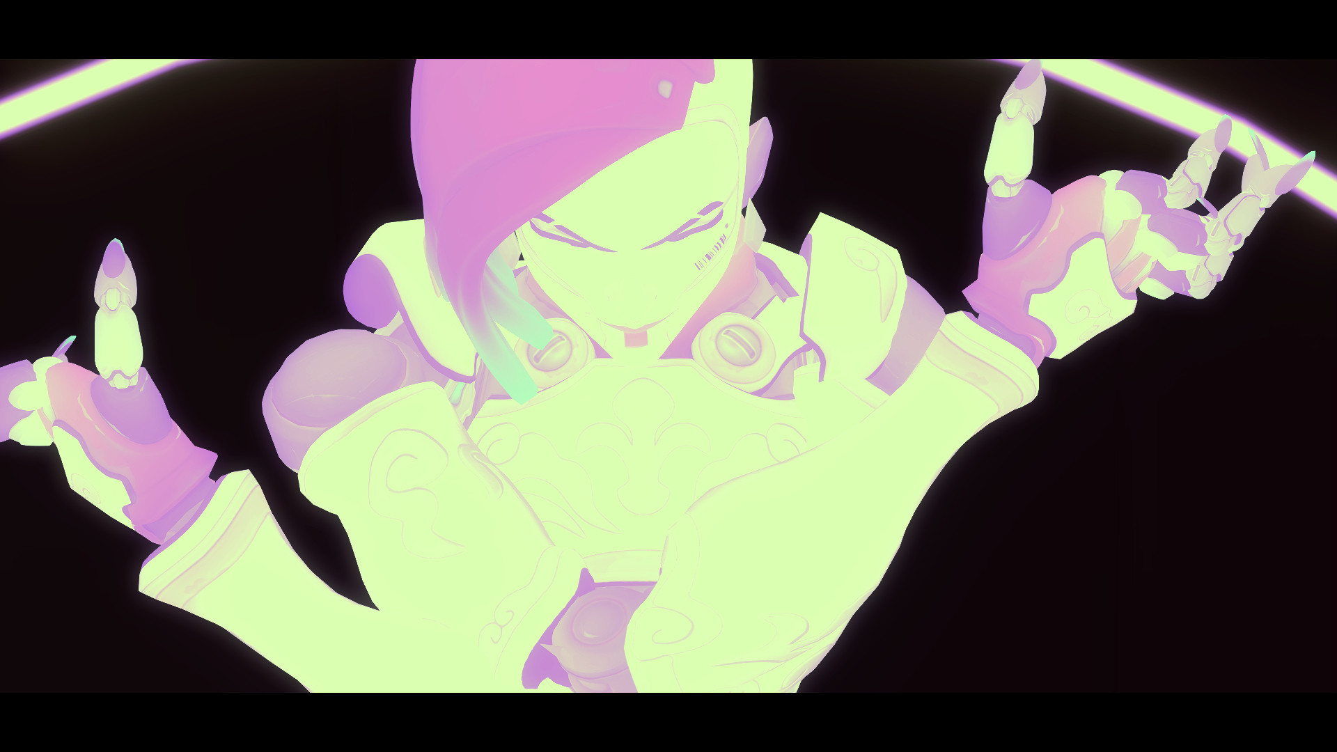 Screenshot of Sombra from Overwatch in her Marionette skin crossing her arms and looking down when she's casting EMP. The flat appearance and lack of shadows gives this the appearance of an illustration, with mostly white and pink values.