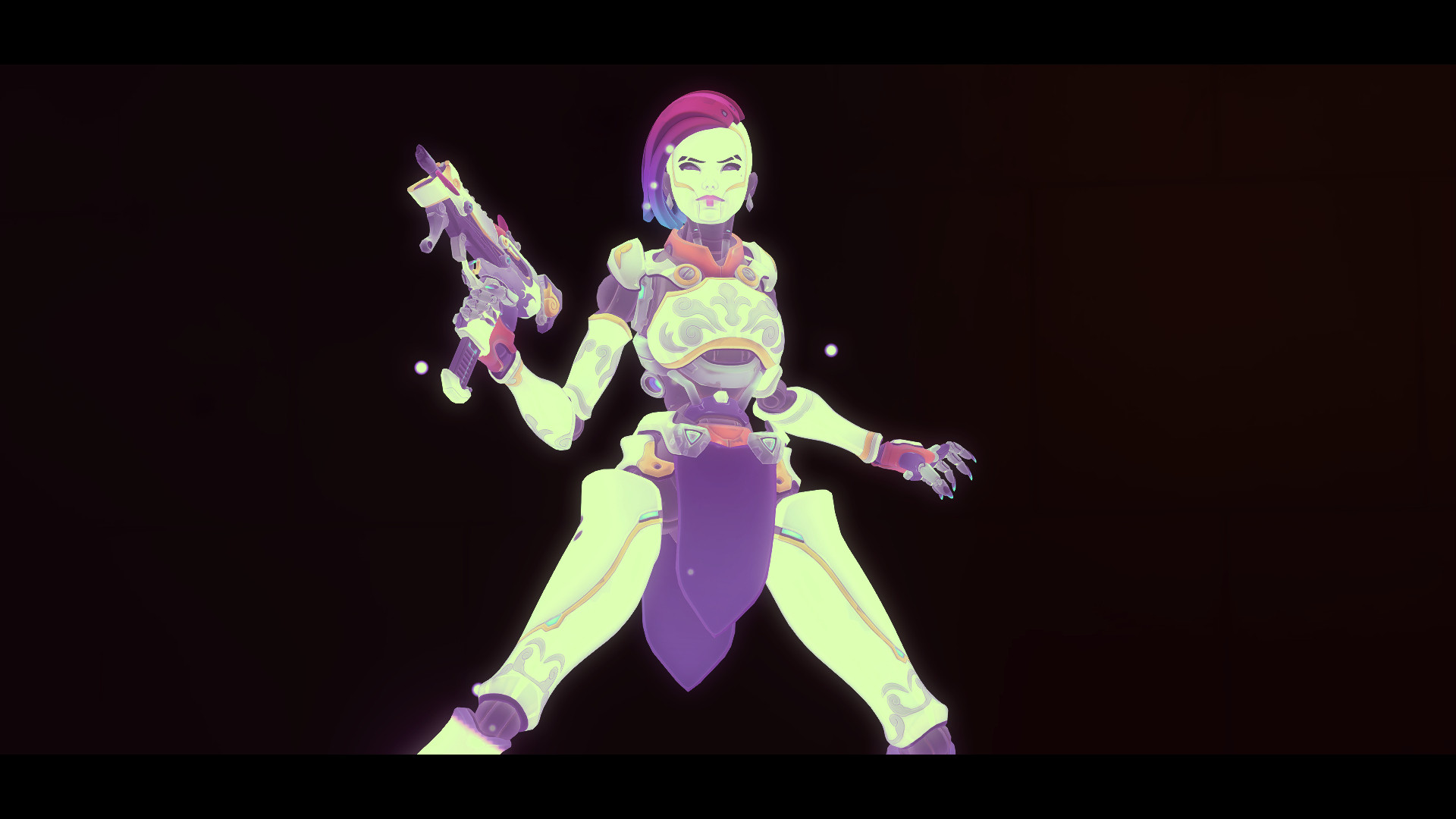 Screenshot of Sombra from Overwatch in her Marionette skin standing akimbo with her AK-47 out. There is letterboxing like a film, and the shadows are flat on the model making it look like an illustration.