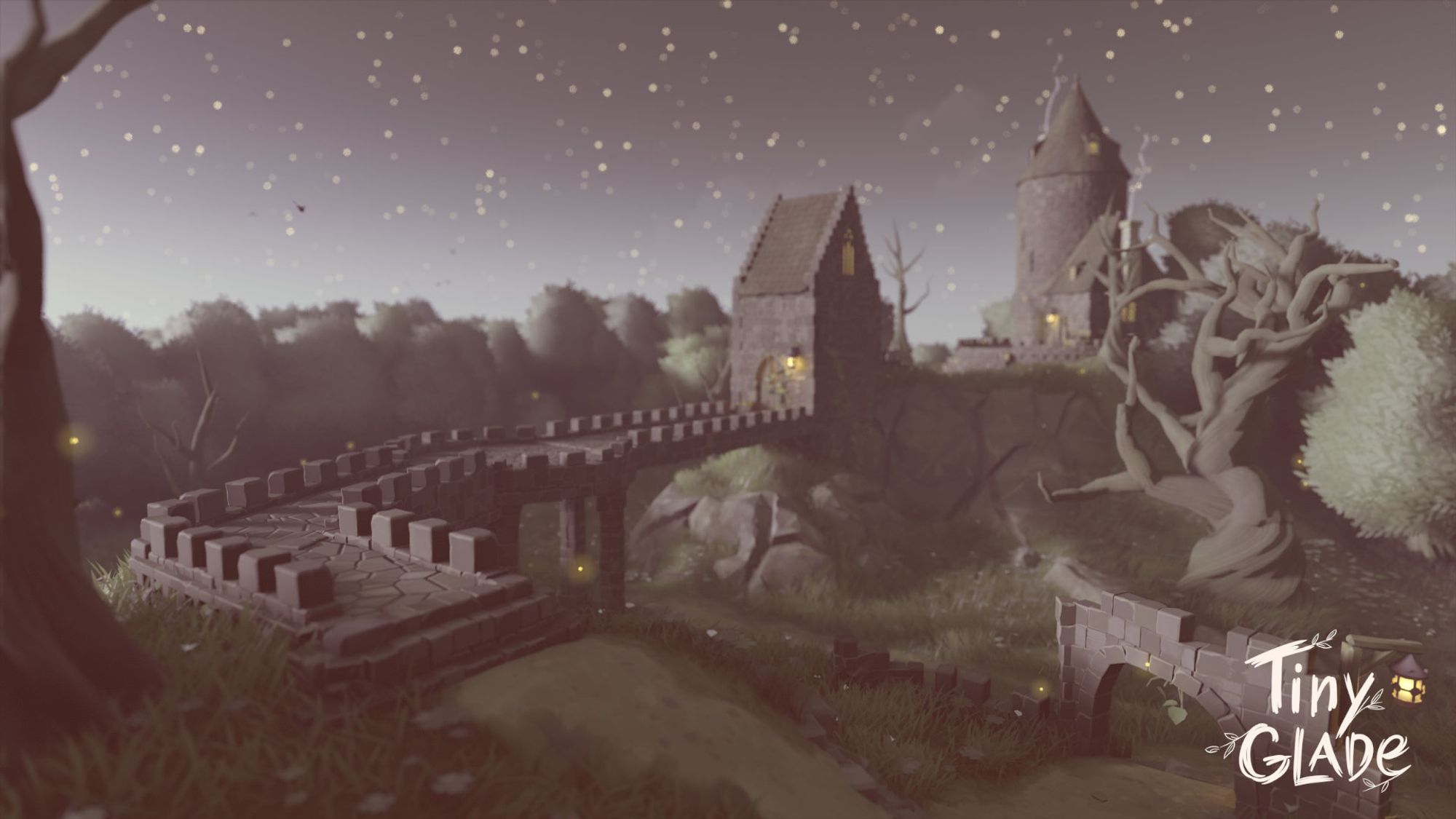 Tiny Glade screenshot showing a grassy, ruined bit of stonework with a full walkway that curls to a gatehouse and then to a mysterious tower on a hill. There's a huge gnarled tree below the hill, and several dotting the landscape. It's at night, and the shadows are soft, and the colors are muted.