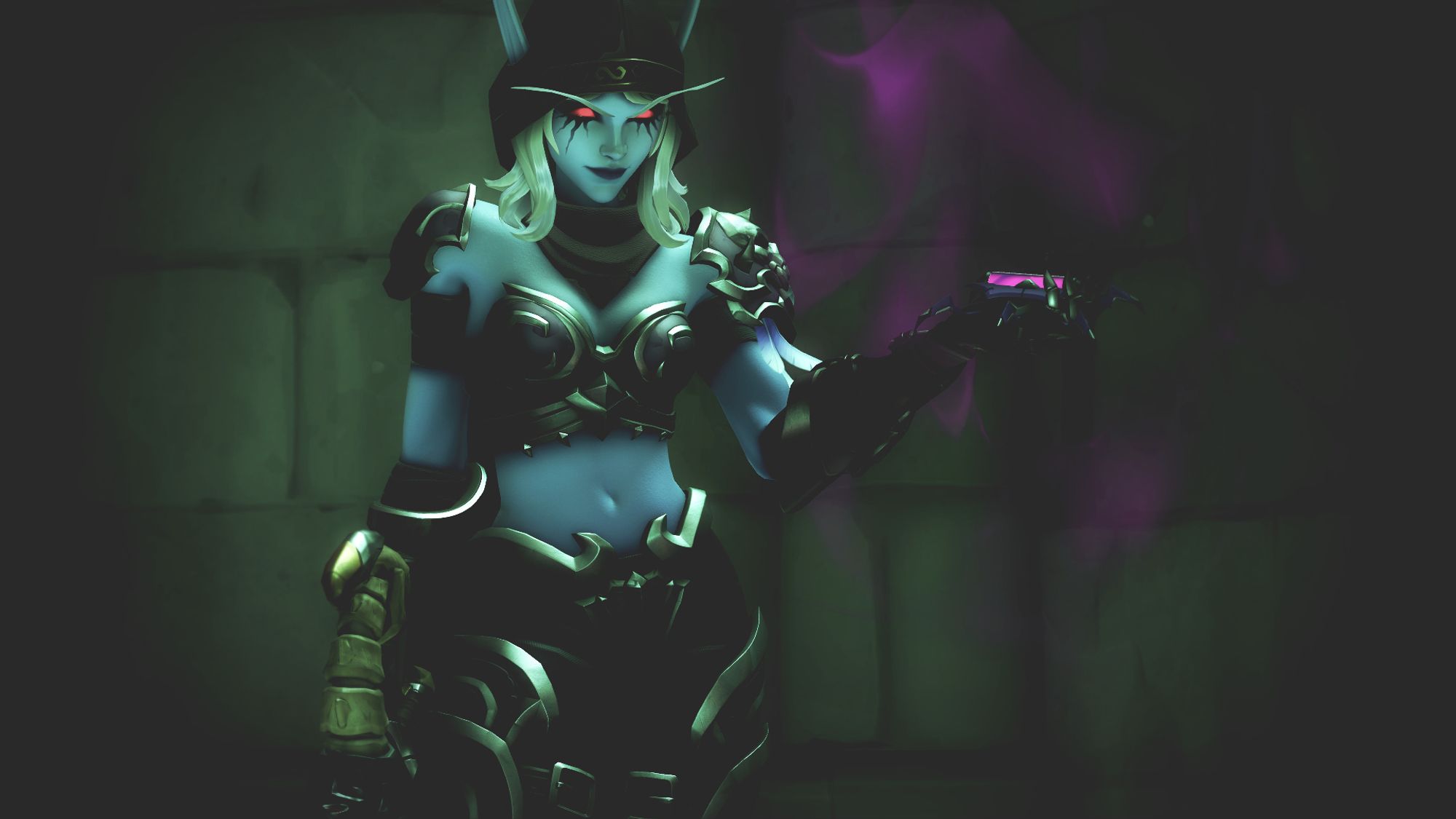 Overwatch 2 screenshot of Widowmaker - she is wearing the Sylvanas cosmetic. This is a skin that looks fairly identical to Sylvanas' from World of Warcraft. It is a purple and brown set of armor that has stylized silver detailling all throughout and is made up of a bustier top, full leggings, pauldrons with skulls on them, and a cloth hood. She also has Sylvanas' white-silver hair, long elf ears and eyebrows, and black eye makeup that looks like runny mascara. She is in a castle with a greenish light, and she's holding up a venom mine which is emitting a purple smoke. Her eyes are glowing red and she's smirking evilly.