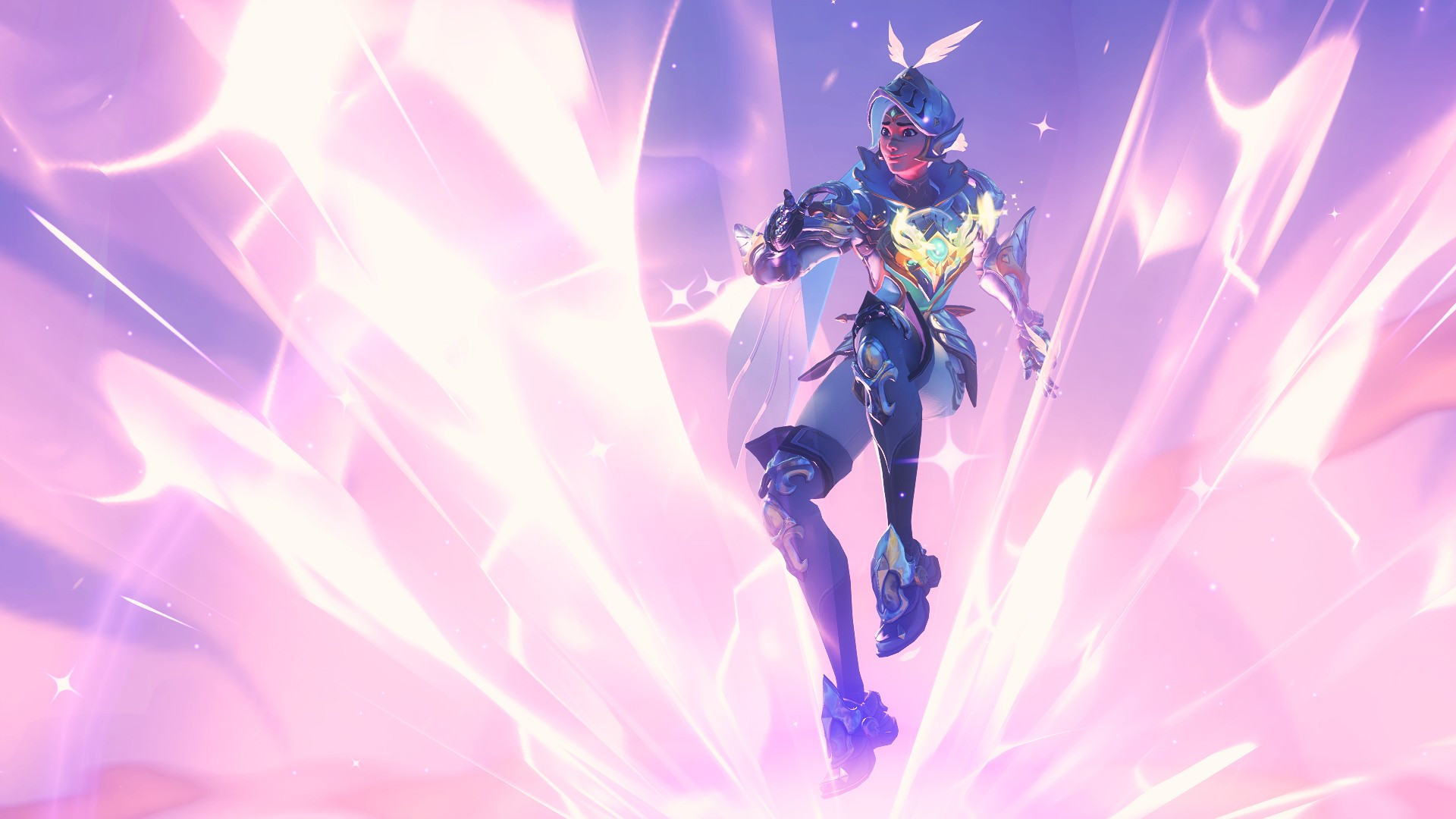 A screenshot of Tracer from Overwatch - she is wearing her Adventurer cosmetic armor, final tier, in green. She is seemingly floating in the air, amidst an explosion of purple and pink energy, sparkles all around.