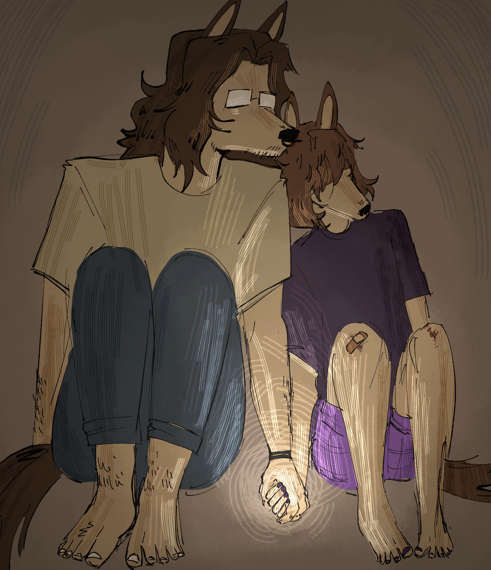 Digital drawing of two humanoid canine figures holding hands while sitting down. One is older and larger than the other. The younger one is resting its head on the older one's shoulder. 