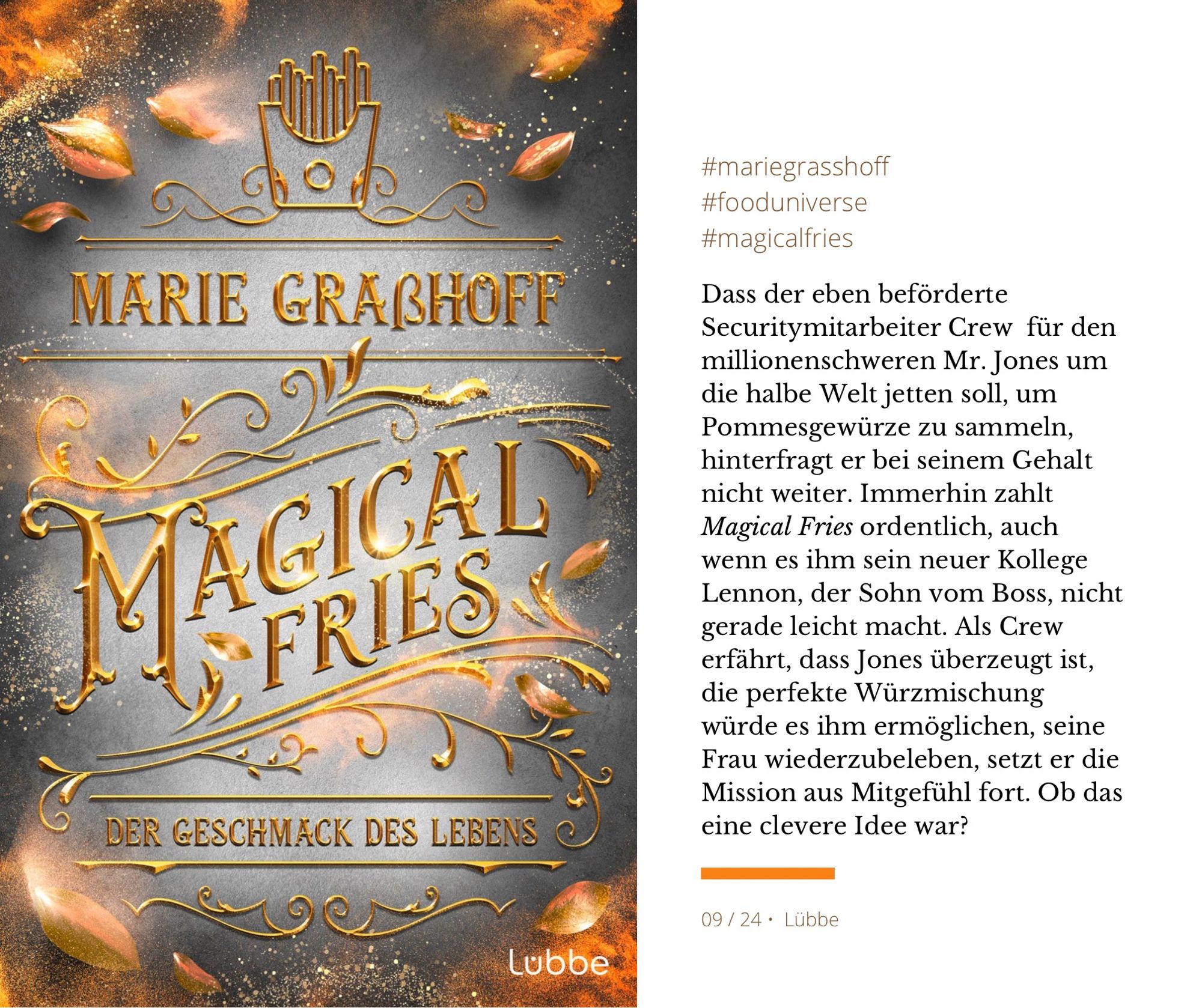 Das Bild zeigt das Buchcover von Marie Graßhoffs »Magical Fries" bei Lübbe. Der Titel ist in goldener Schrift gestaltet, umgeben von magischen Funken und fallenden Blättern. Oben ist eine stilisierte Pommespackung zu sehen, unten der Untertitel »Der Geschmack des Lebens«. Daneben stehen die Titeldaten und folgender Text: Dass der eben beförderte Securitymitarbeiter Crew für den millionenschweren Mr. Jones um die halbe Welt jetten soll, um Pommesgewürze zu sammeln, hinterfragt er bei seinem Gehalt nicht weiter. Immerhin zahlt Magical Fries ordentlich, auch wenn es ihm sein neuer Kollege Lennon, der Sohn vom Boss, nicht gerade leicht macht. Als Crew erfährt, dass Jones überzeugt ist, die perfekte Würzmischung würde es ihm ermöglichen, seine Frau wiederzubeleben, setzt er die Mission aus Mitgefühl fort. Ob das  eine clevere Idee war?