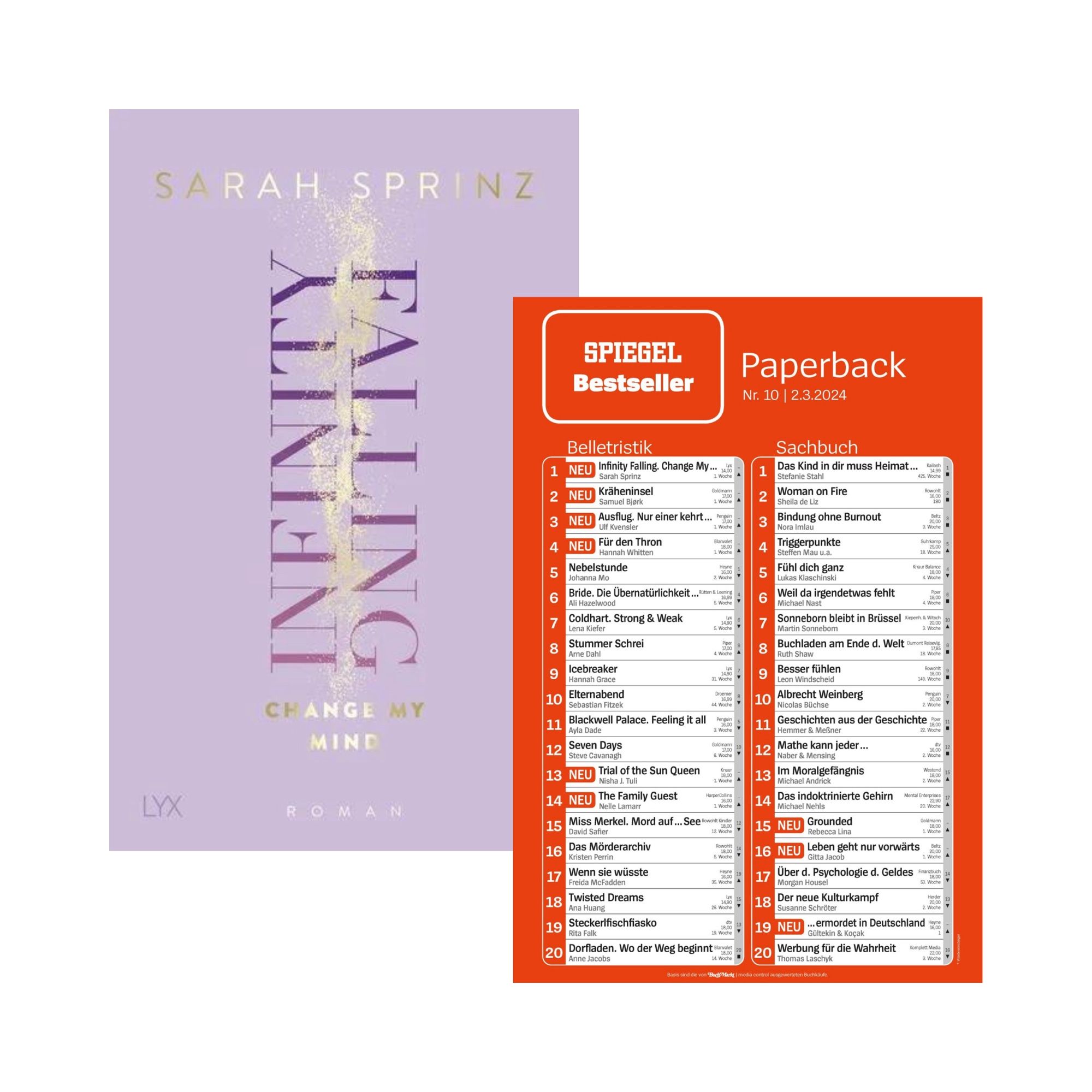 Sarah Sprinz' Buch »Infinity Falling:
Change My Mind« bei LYX, daneben die SPIEGEL-Bestsellerliste Paperback Belletristik, wo der Titel derzeit auf Platz 1 steht.