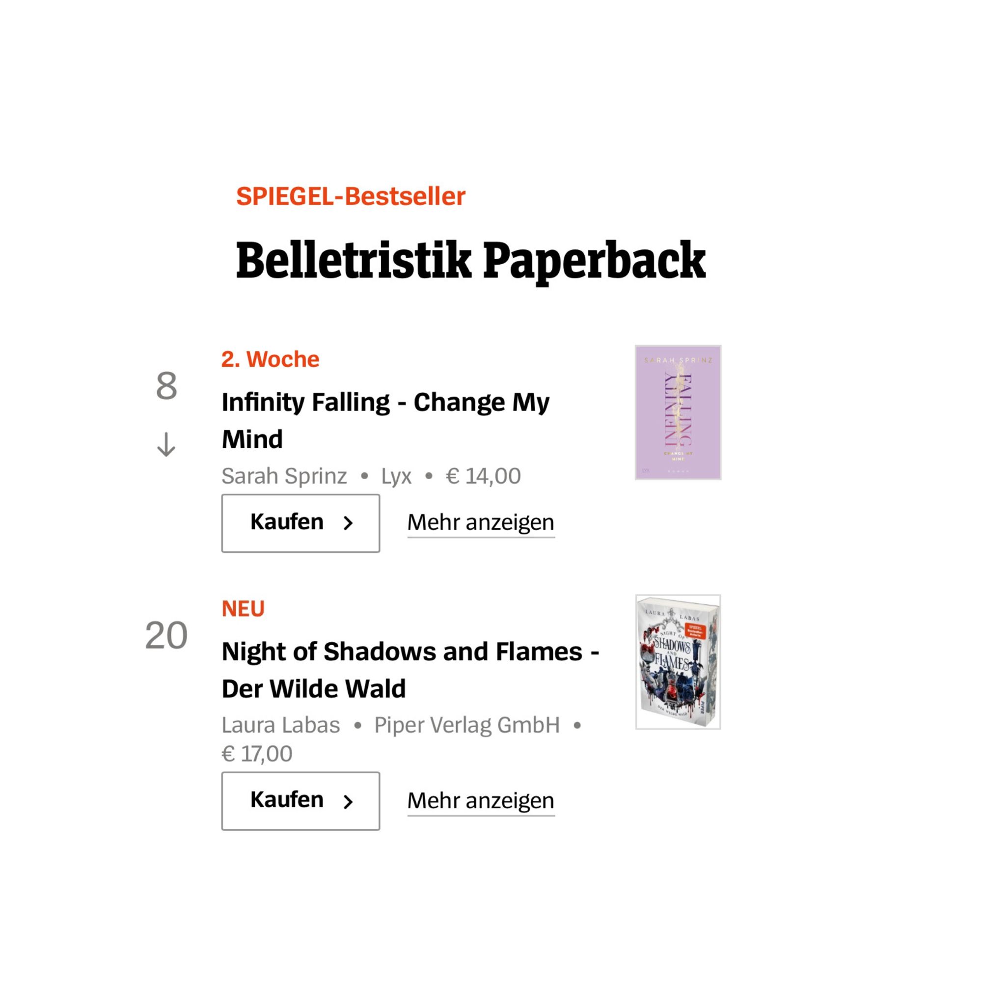 Sarah Sprinz‘ (Platz 8) und Laura Labas‘ (Platz 20) Bücher auf der aktuellen SPIEGEL-Bestsellerliste Paperback Belletristik.