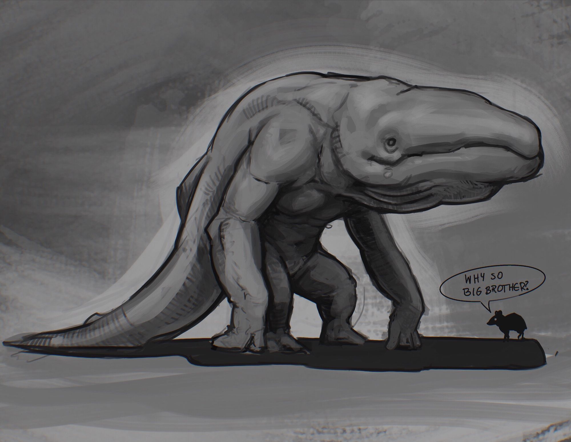 sketch of gigantic werecreature of "catacean". It's body is a mix of whale with human arms and legs. In his shadow stands small tragulus, asking "Why so big brother?"