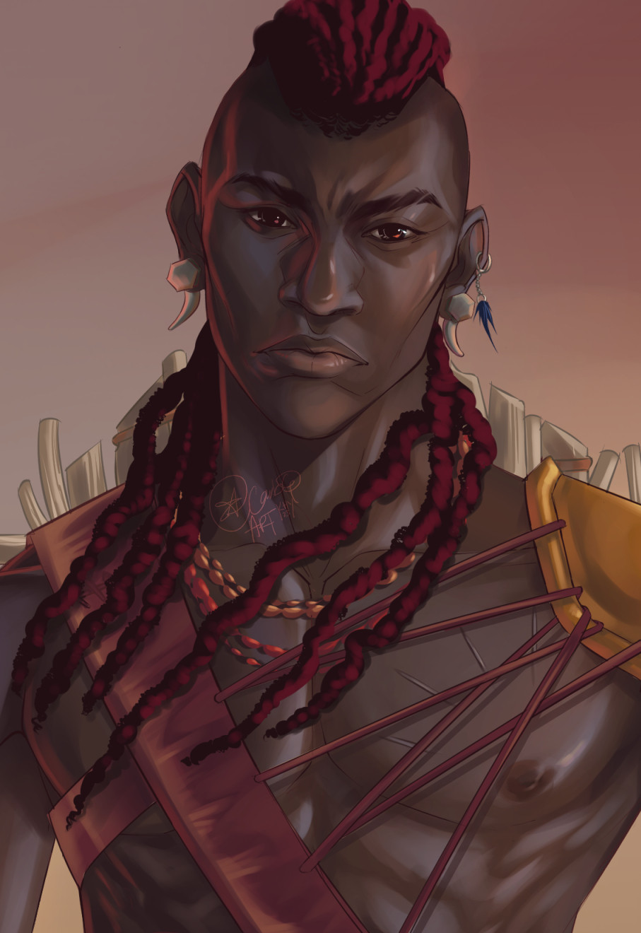 Cropped digital bust portrait of a muscular, dark skinned male warrior of African descent standing in a desert setting. He sports a hairstyle of red locs with shaved sides, wears a red and gold necklace, and a dark red leather harness.