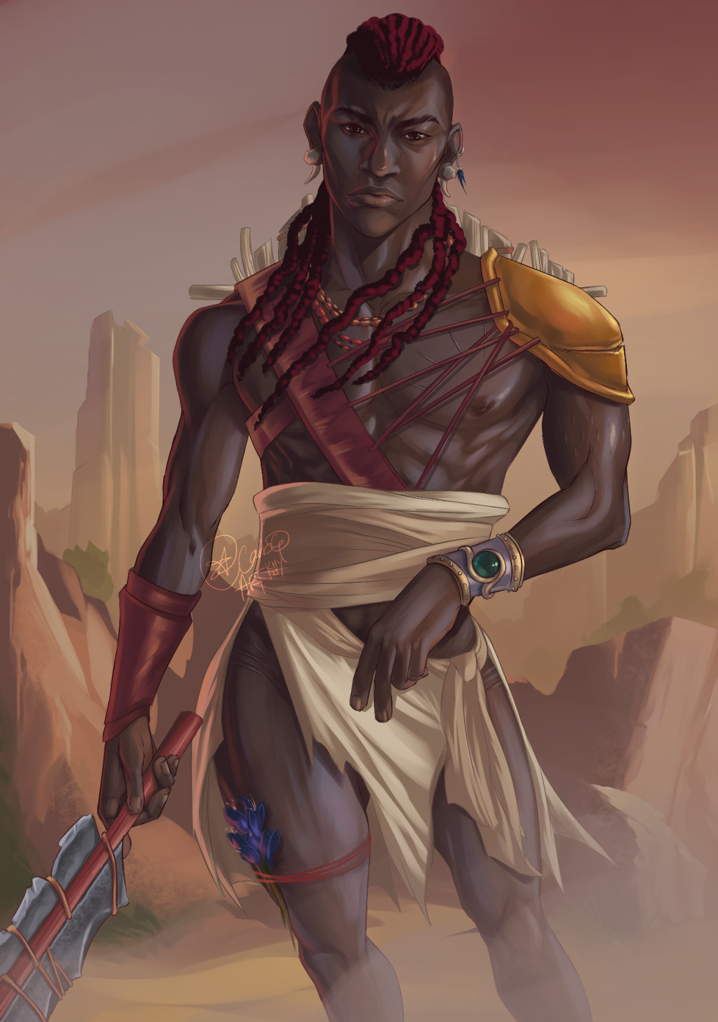 Digital painting of a muscular, dark skinned male warrior of African descent standing in a desert setting. He sports a hairstyle of red locs with shaved sides, a red and gold necklace, a dark red leather harness and a beige loincloth. He holds a stone sword in his right hand. A bouquet of blue flowers is tied around his right thigh. His chest, arm and hips are marked with ritualistic scarification. His facial is set in a soft scowl as he looks directly at the viewer