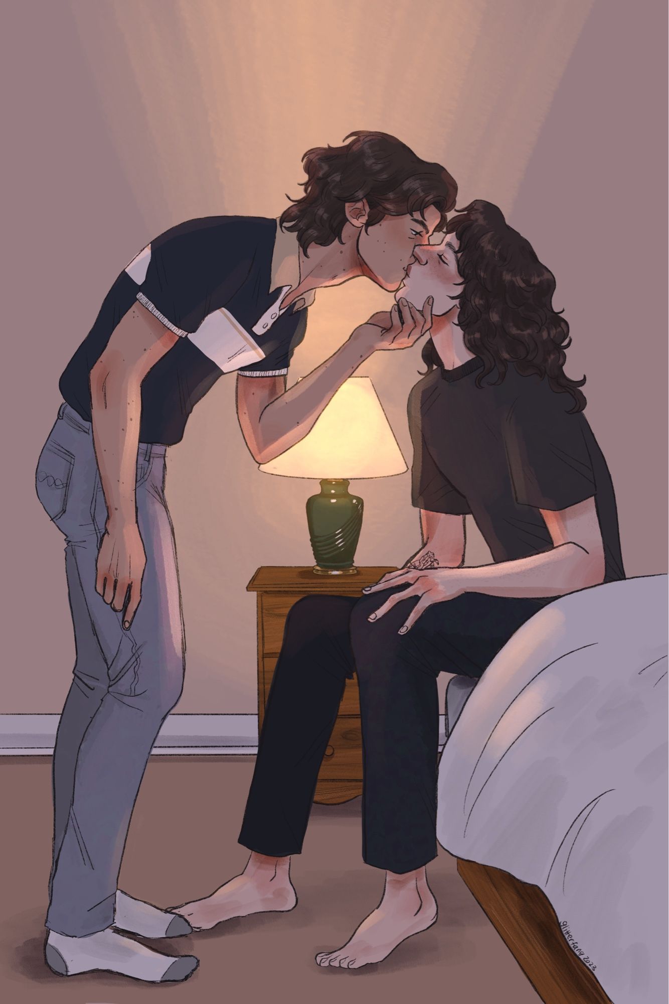 From the fic Is You Light On by Adure. Eddie is sitting on Steve’s bed. Steve is bent over, gently holding Eddie’s face and kissing him. They are backlight by warm light from a bedside lamp.