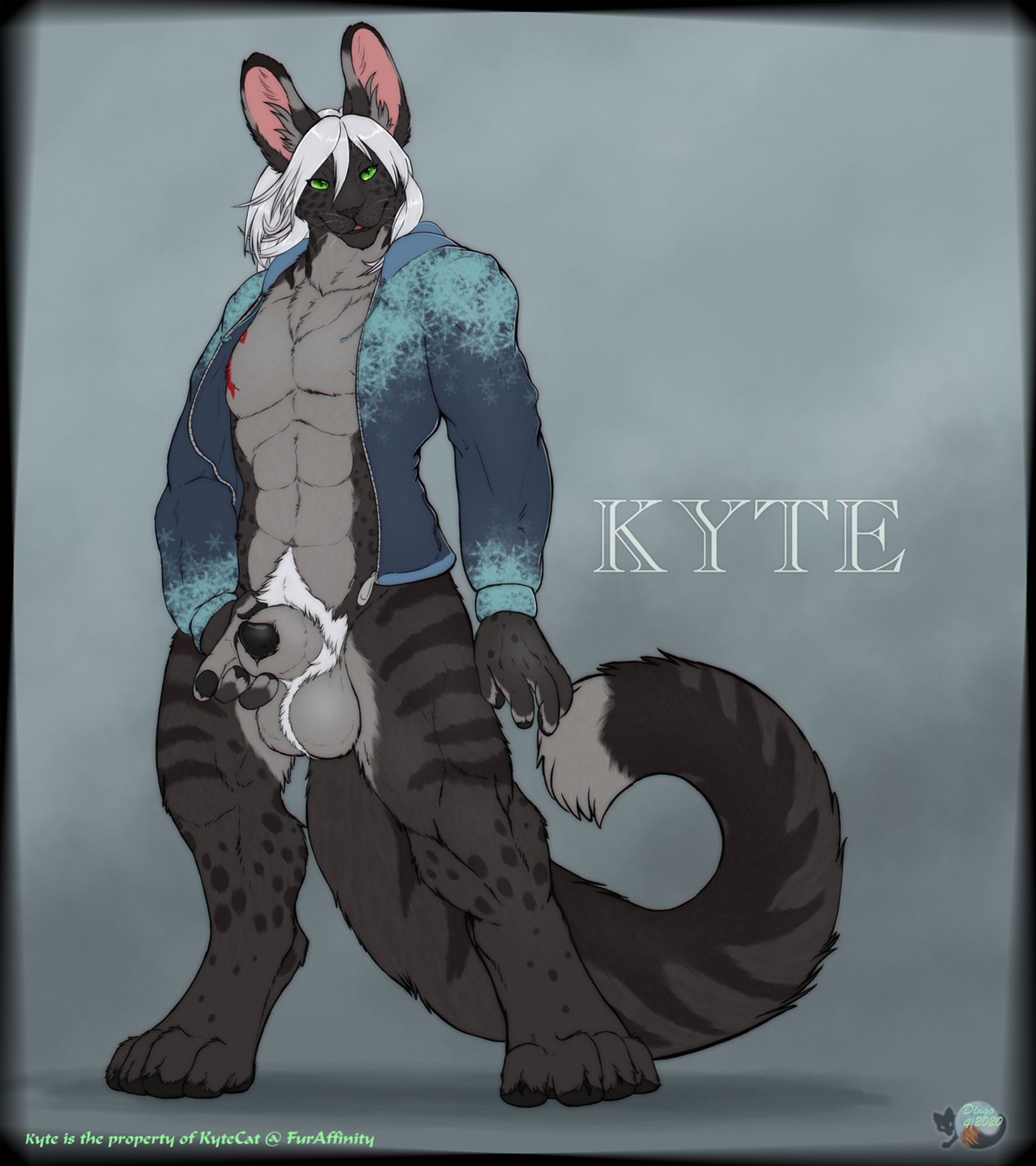 Kyte the snoval (serval-snow peopard mix) stands in profile wearing a winter-themed snowflake jacket. His right paw frames his plump sheath and crowning cock while his gaze is fixed upon you. Art by Dingo.