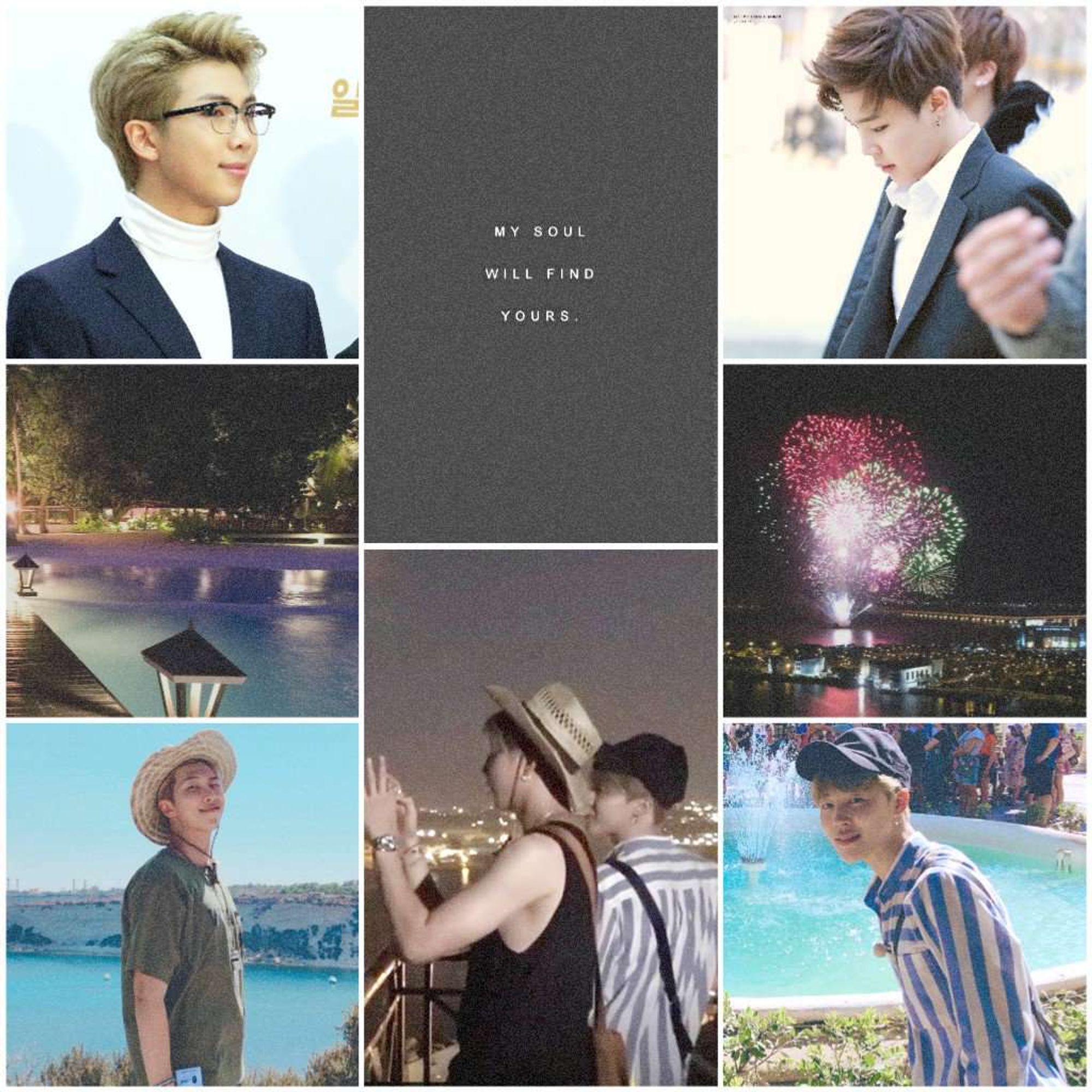 minjoon grid collage with a travel aesthetic, a night pool, fireworks over a city, and beach views. at the top, pictures of jimin and namjoon looking professional; at the bottom, minjoon looking relaxed while travelling. a central quote reads: "MY SOUL WILL FIND YOURS"