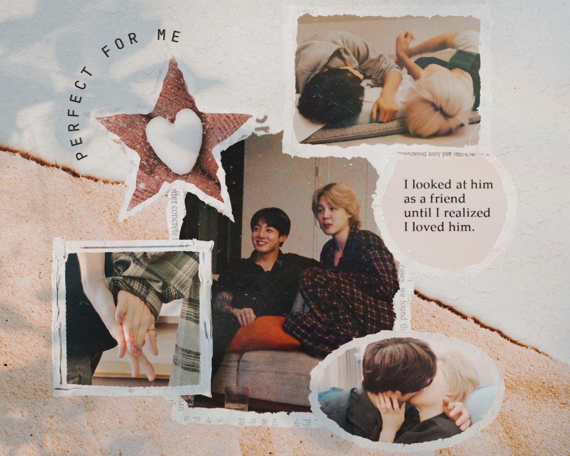 jikook collage with a romantic, pinkish mood. images of a snow heart, watching tv, cuddling, holding hands, and kissing. there's text that reads: "I looked at him as a friend until I realized I loved him" and "perfect for me"