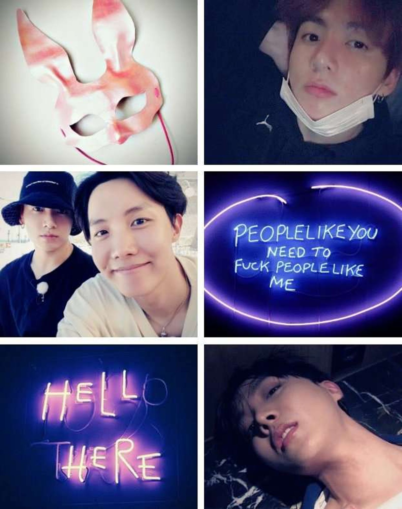 hopekook 6 images grind collage, a pink bunny mask, a koobi selca (jk wearing a bucket hat, hobi bare faced), and 1 individual selca of each, jk's selca wearing a mask, hobi's selca showing his neck in a suggestive way, background includes 2 neon signs in purple and black colors, captions are: "people like you need to fuck people like me" and "hell(o) (t)here"