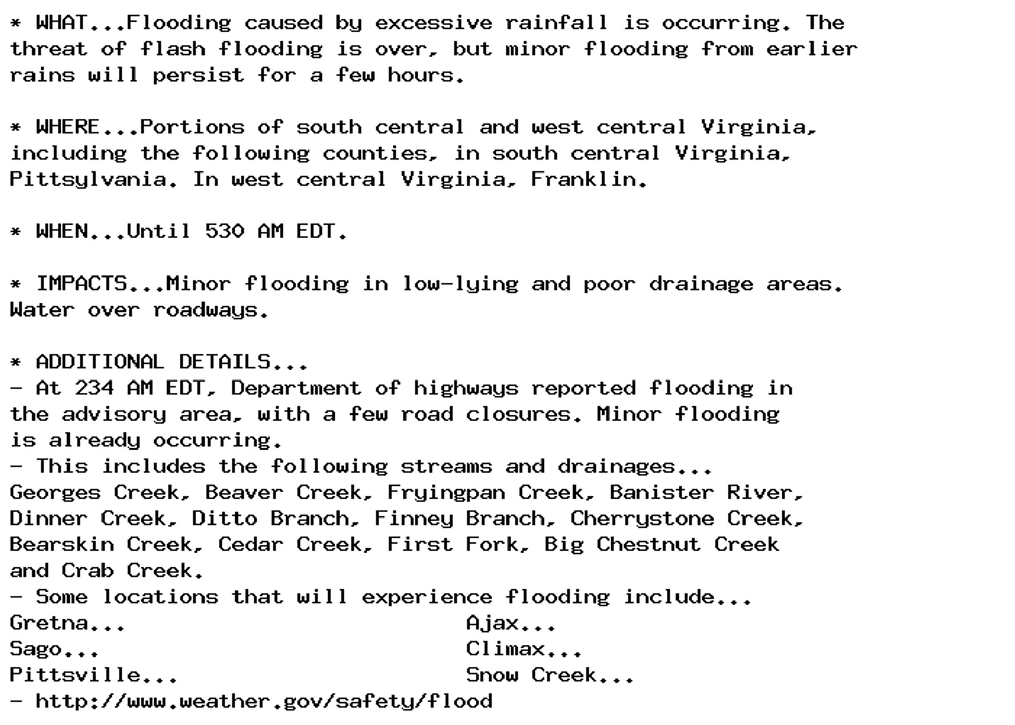 * WHAT...Flooding caused by excessive rainfall is occurring. The
threat of flash flooding is over, but minor flooding from earlier
rains will persist for a few hours.

* WHERE...Portions of south central and west central Virginia,
including the following counties, in south central Virginia,
Pittsylvania. In west central Virginia, Franklin.

* WHEN...Until 530 AM EDT.

* IMPACTS...Minor flooding in low-lying and poor drainage areas.
Water over roadways.

* ADDITIONAL DETAILS...
- At 234 AM EDT, Department of highways reported flooding in
the advisory area, with a few road closures. Minor flooding
is already occurring.
- This includes the following streams and drainages...
Georges Creek, Beaver Creek, Fryingpan Creek, Banister River,
Dinner Creek, Ditto Branch, Finney Branch, Cherrystone Creek,
Bearskin Creek, Cedar Creek, First Fork, Big Chestnut Creek
and Crab Creek.
- Some locations that will experience flooding include...
Gretna...                          Ajax...
Sago...                            Climax...
Pittsville...                      Snow Creek...
- http://www.weather.gov/safety/flood