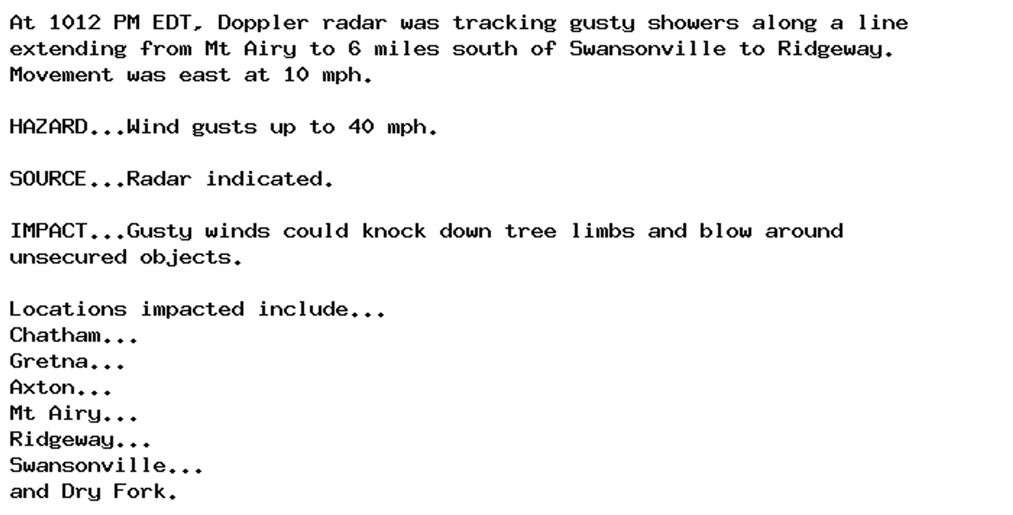 At 1012 PM EDT, Doppler radar was tracking gusty showers along a line
extending from Mt Airy to 6 miles south of Swansonville to Ridgeway.
Movement was east at 10 mph.

HAZARD...Wind gusts up to 40 mph.

SOURCE...Radar indicated.

IMPACT...Gusty winds could knock down tree limbs and blow around
unsecured objects.

Locations impacted include...
Chatham...
Gretna...
Axton...
Mt Airy...
Ridgeway...
Swansonville...
and Dry Fork.