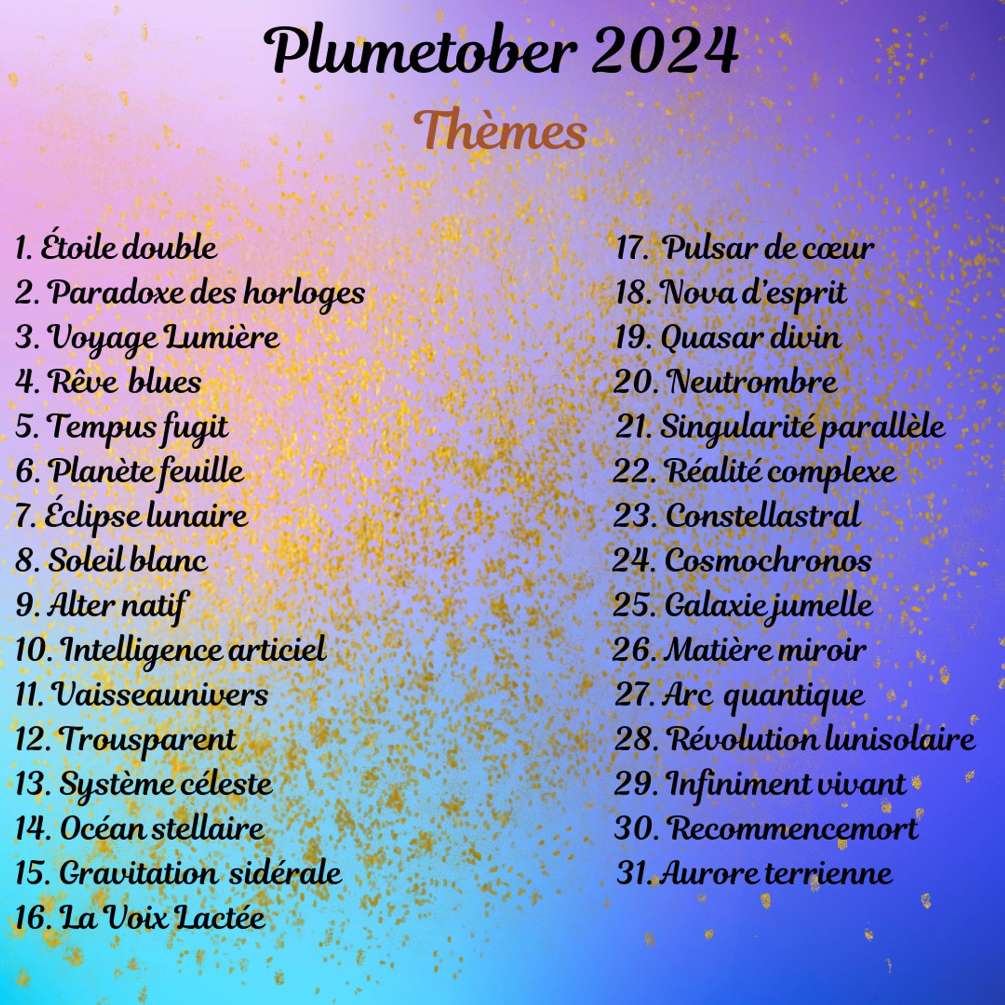 Plumetober 2024
Thèmes

1. Étoile double
2. Paradoxe des horloges
3. Voyage Lumière
4. Rêve blues
5. Tempus fugit
6. Planète feuille
7. Éclipse lunaire
8. Soleil blanc
9. Alter natif
10. Intelligence articiel
11. Vaisseaunivers
12. Trousparent
13. Système céleste
14. Océan stellaire
15. Gravitation sidérale
16. La Voix Lactée
17. Pulsar de cœur
18. Nova d’esprit
19. Quasar divin
20. Neutrombre
21. Singularité parallèle
22. Réalité complexe
23. Constellastral
24. Cosmochronos
25. Galaxie jumelle
26. Matière miroir
27. Arc quantique
28. Révolution lunisolaire
29. Infiniment vivant
30. Recommencemort
31. Aurore terrienne