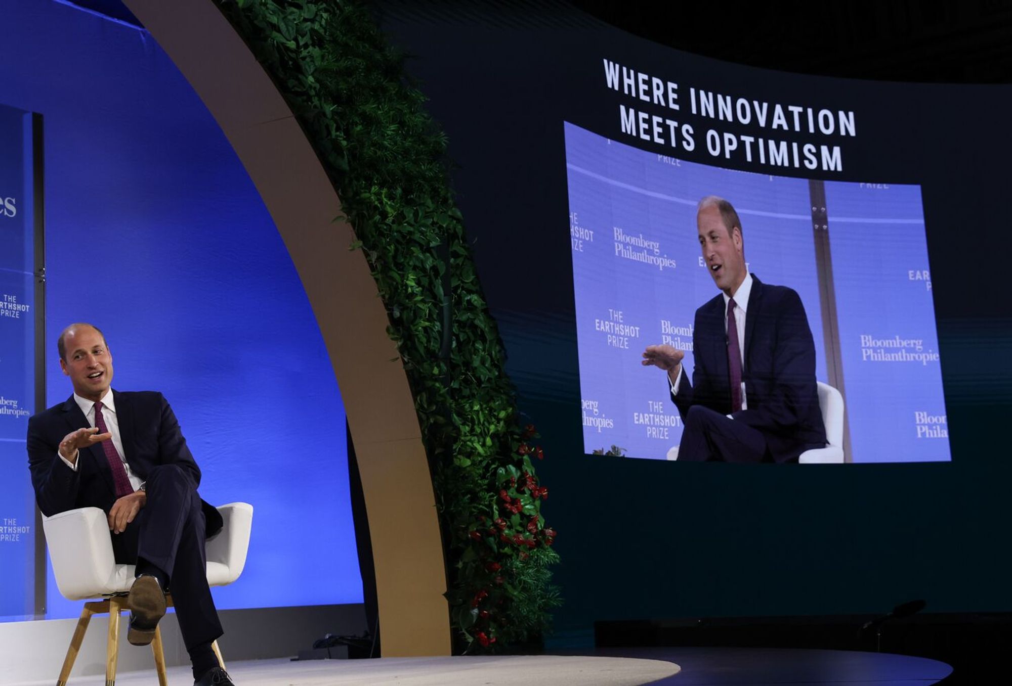 Prince William at an over-produced Climate Week New York event, with the line 'WHERE INNOVATION MEETS OPTIMISM' over a big picture of himself