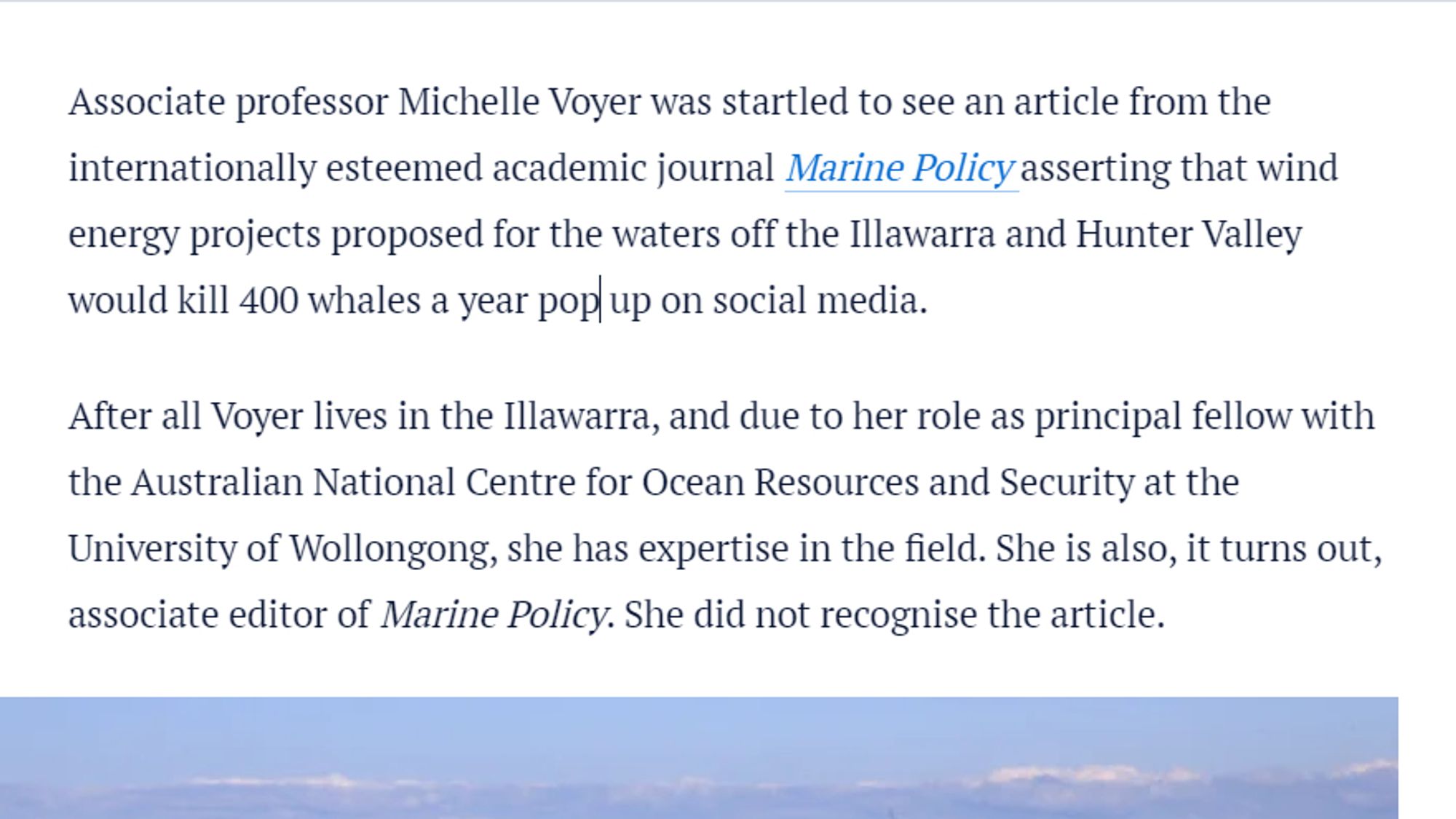 Associate professor Michelle Voyer was startled to see an article from the internationally esteemed academic journal Marine Policy asserting that wind energy projects proposed for the waters off the Illawarra and Hunter Valley would kill 400 whales a year pop up on social media.

After all Voyer lives in the Illawarra, and due to her role as principal fellow with the Australian National Centre for Ocean Resources and Security at the University of Wollongong, she has expertise in the field. She is also, it turns out, associate editor of Marine Policy. She did not recognise the article.