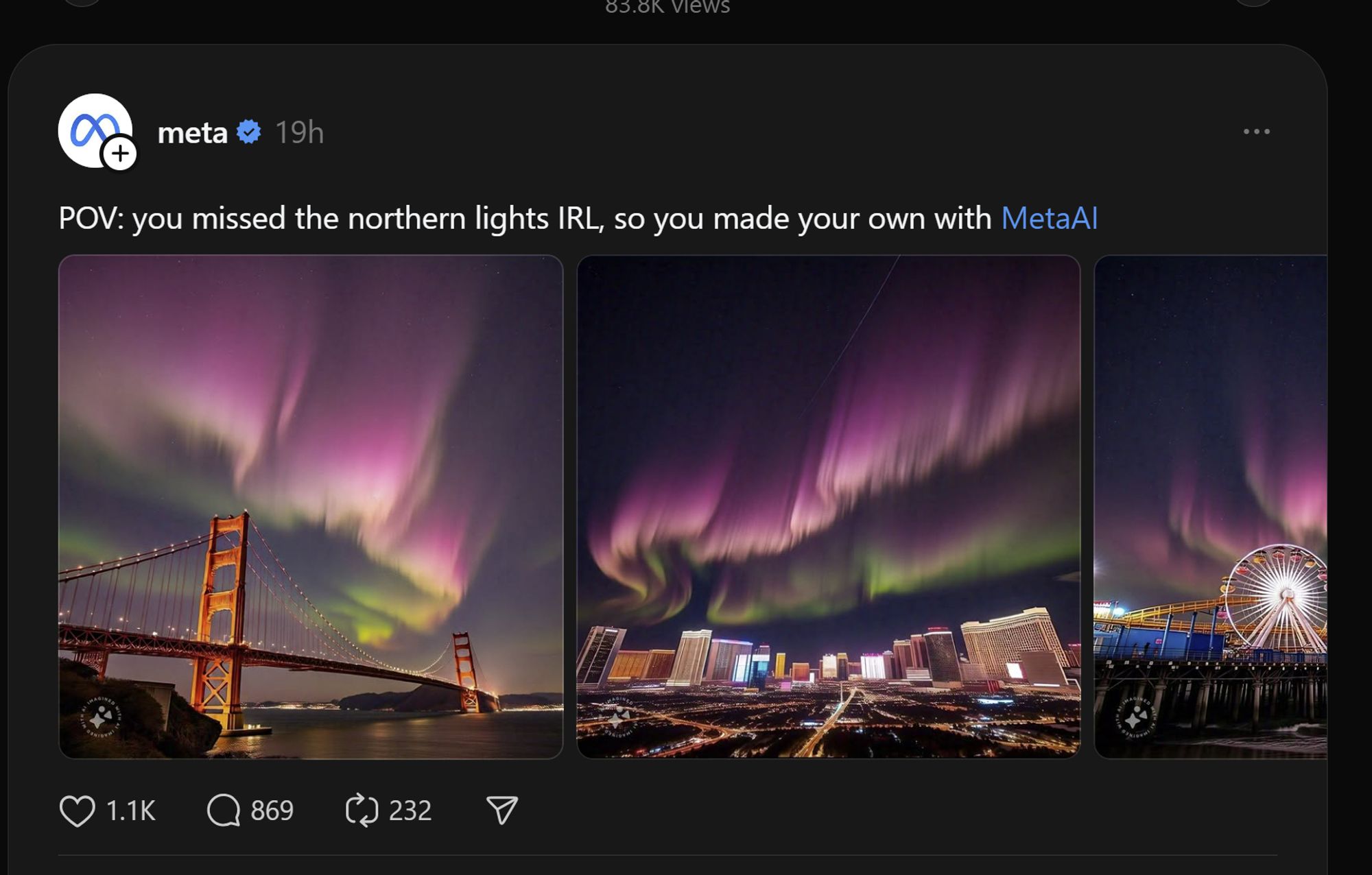 a post on threads from the Meta company account: "POV: you missed the northern lights IRL, so you made your own with MetaAI" with some machine generated images of northern lights 