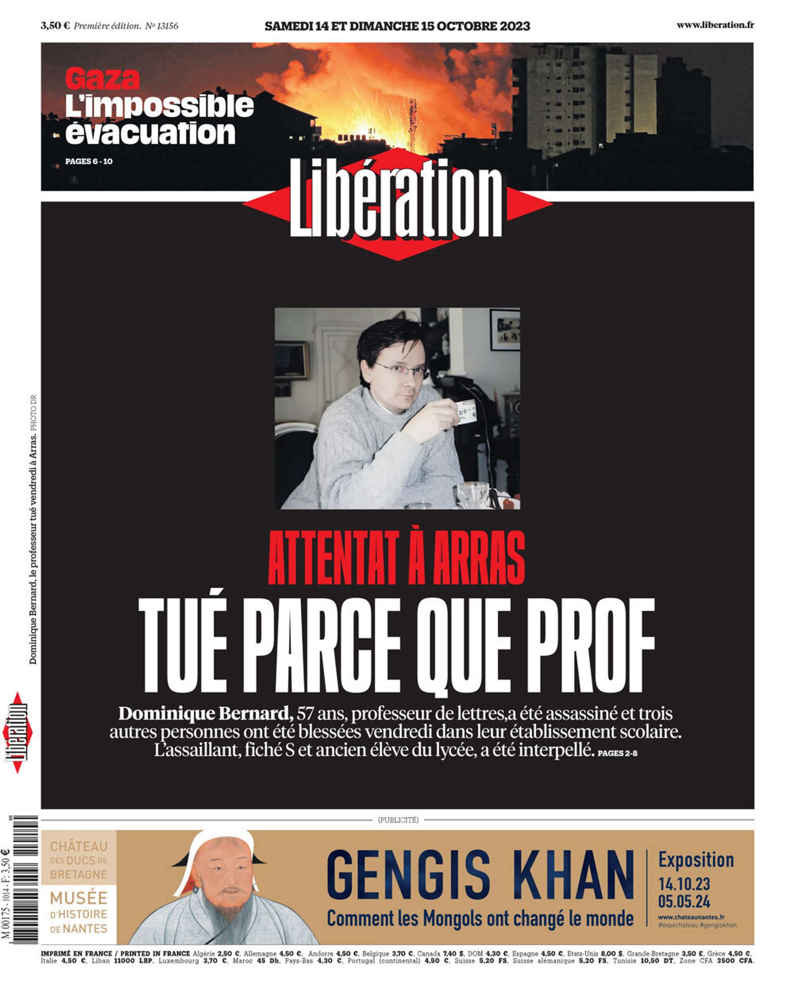 Couverture de Libération du 14 et 15 octobre. Titre : Tué parce que prof.