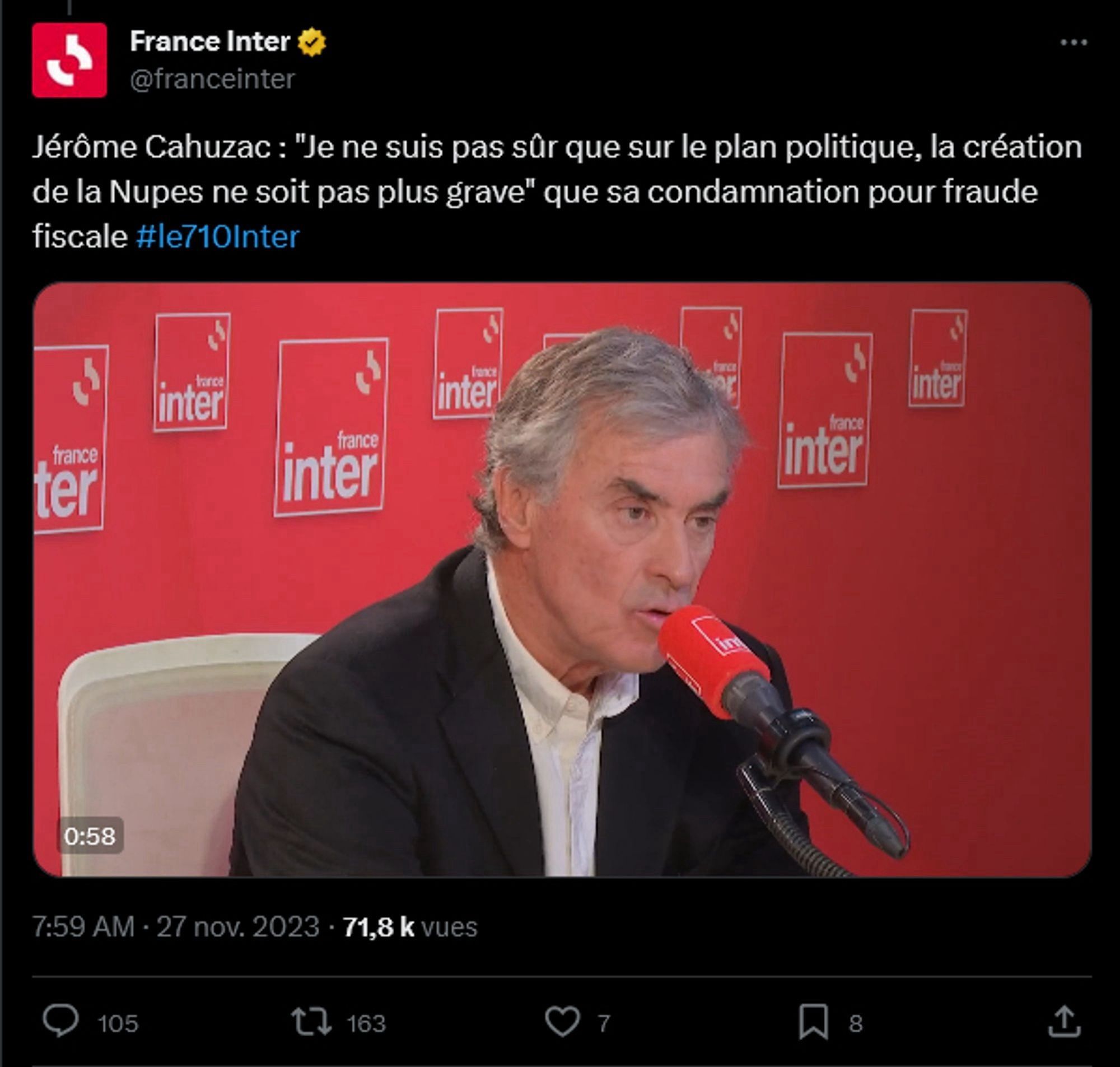 Tweet de France Inter : Jérôme Cahuzac : "Je ne suis pas sûr que sur le plan politique, la création de la Nupes ne soit pas plus grave" que sa condamnation pour fraude fiscale