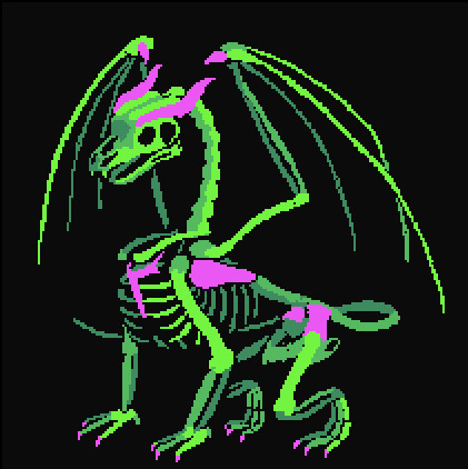 Pixel art: Neon green shape blocking for a skeletal dragon, with some pink details