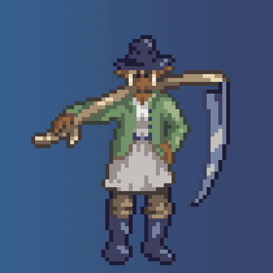 Pixel art: Elvish farmer with a black hat, white tunic, and a green jacket. She rests a scythe over her shoulder.