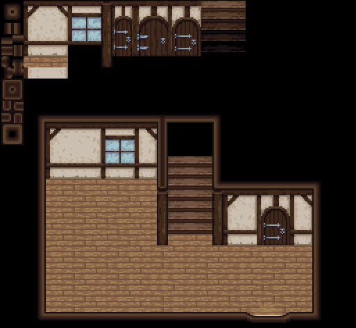 Pixel art: A tilemap with tiles for a medieval home. A small room with a staircase has been assembled with the tiles.