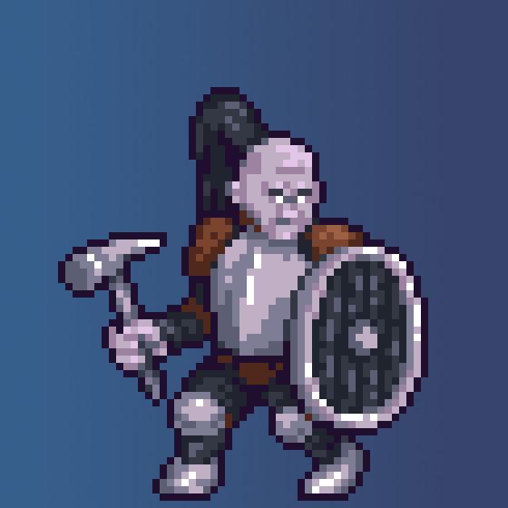 Pixel art: Lavender colored dwarf warrior with a pick and shield. Her head is shaved save for a long black ponytail.