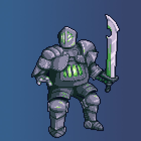 Pixel art: Giant enchanted suit of armor wielding a giant sword. It's chest is built like a furnace with a brightly glowing green flame.