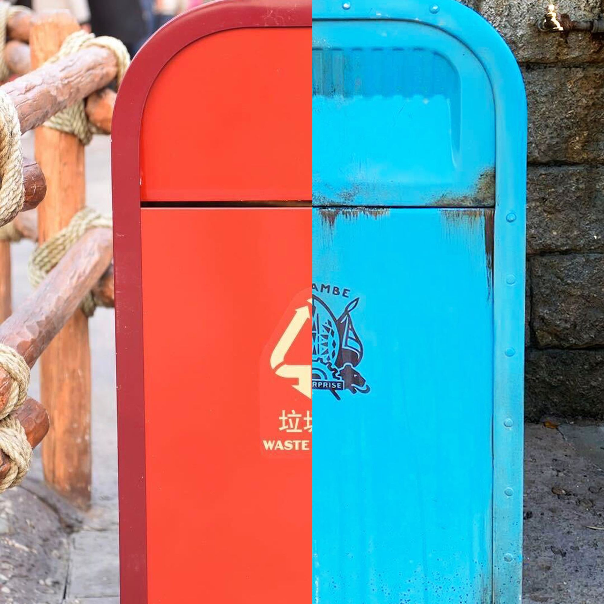 Split image showing half of a red trash can with Chinese text on the left, and half of a blue trash can with a "Harambe" logo on the right.