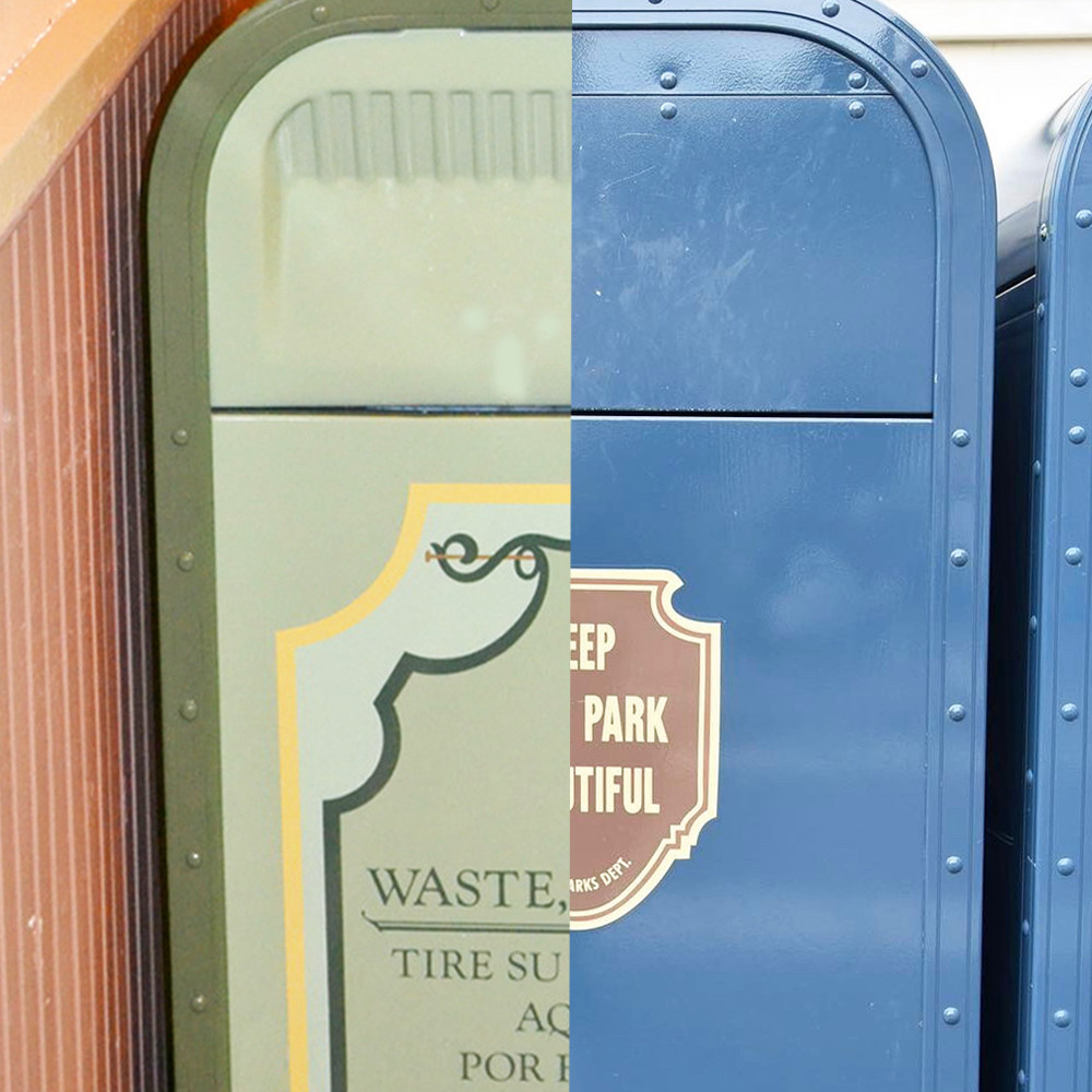 Split image of two different trash cans, one green and one blue, placed side by side.