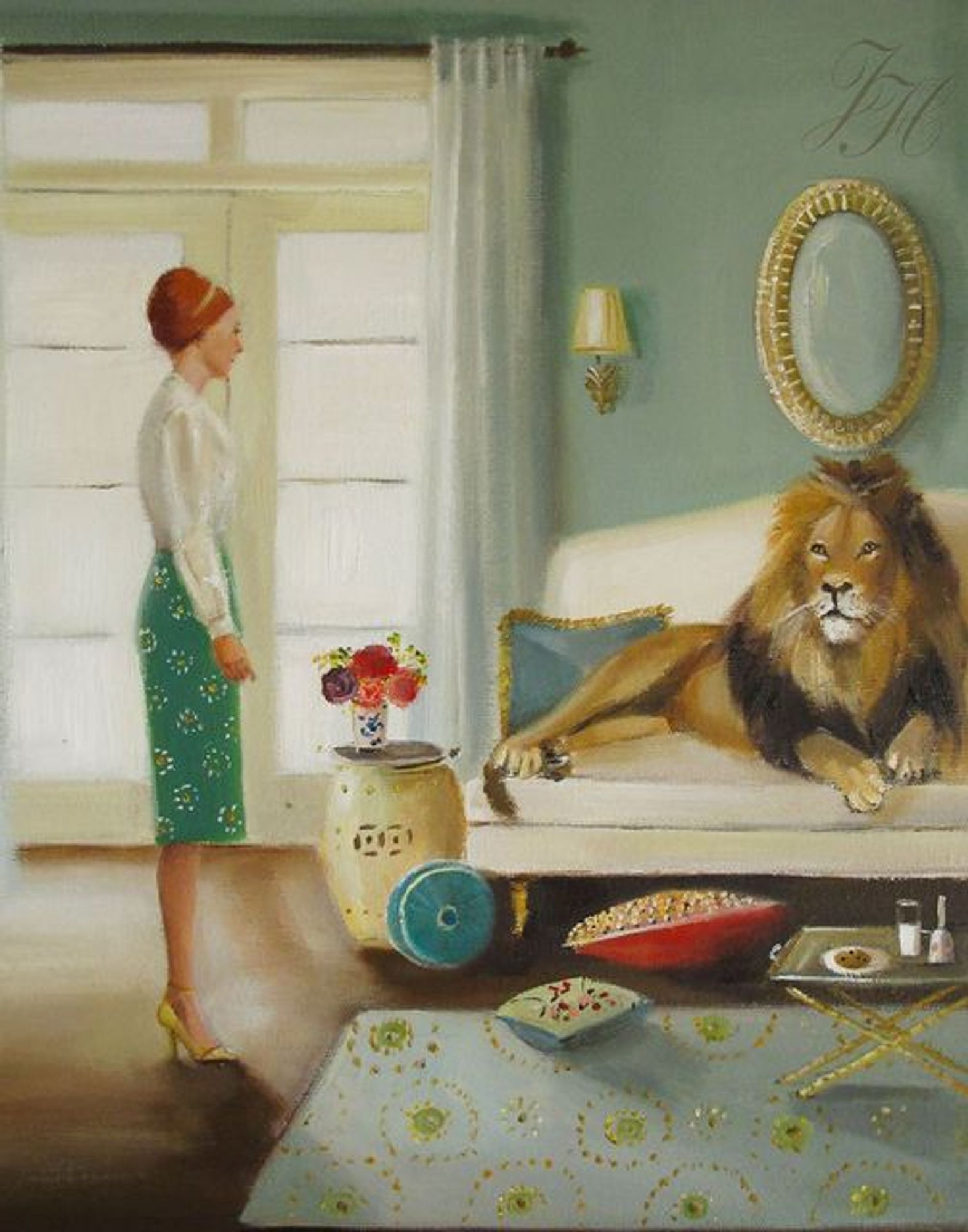 painting of a woman in a skirt, blouse & high heels standing near a living room sofa on which a large male lion reclines