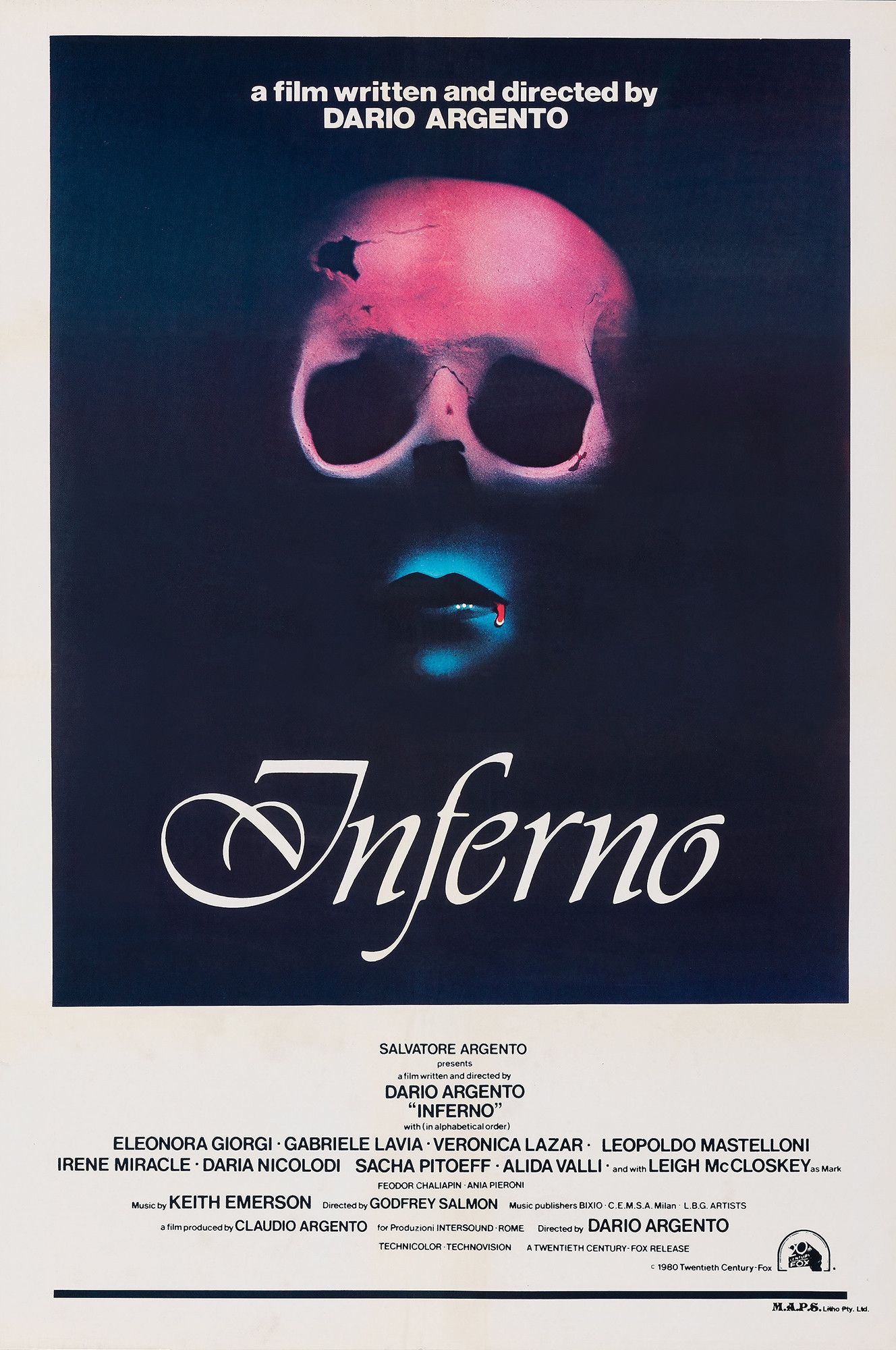 Poster for Dario Argento's 1980 film INFERNO. In the shadows, a kind of face is partially seen. The upper half is a skull, bathed in pink light. The lower half, of which we can only really see the lips is bathed in blue light, and there's a drop of blood on the mouth's left edge.