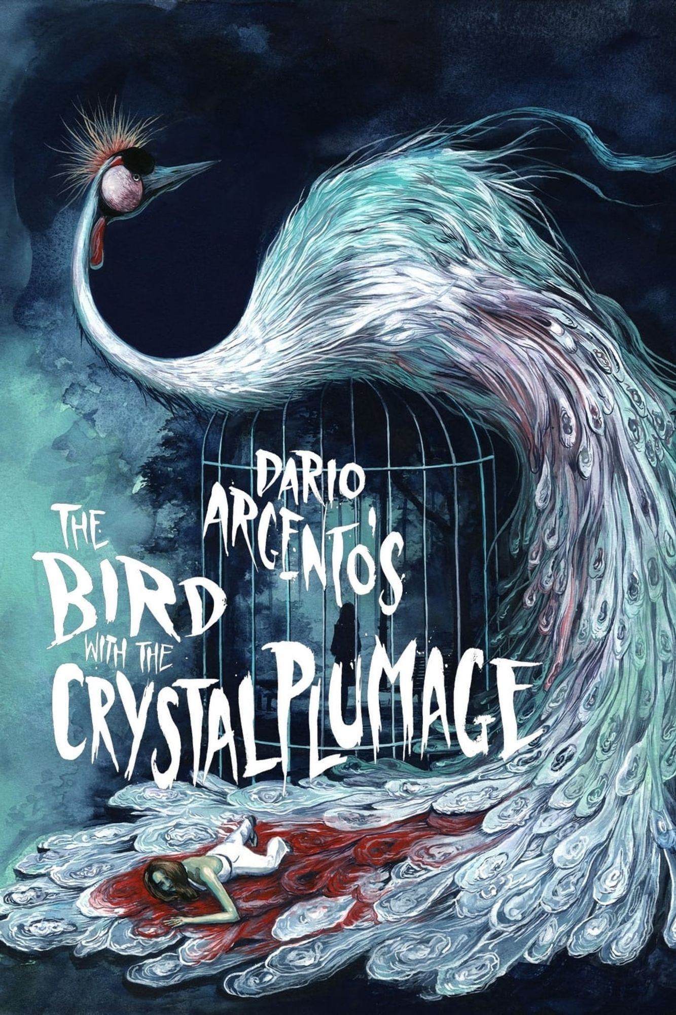 Art for Dario Argento's 1970 film THE BIRD WITH THE CRYSTAL PLUMAGE. The body and feathers of a peacock-like bird,white in colour, is draped over a wireframe birdcage. There's a pool of blood at the bottom, surrounding a prone young woman.