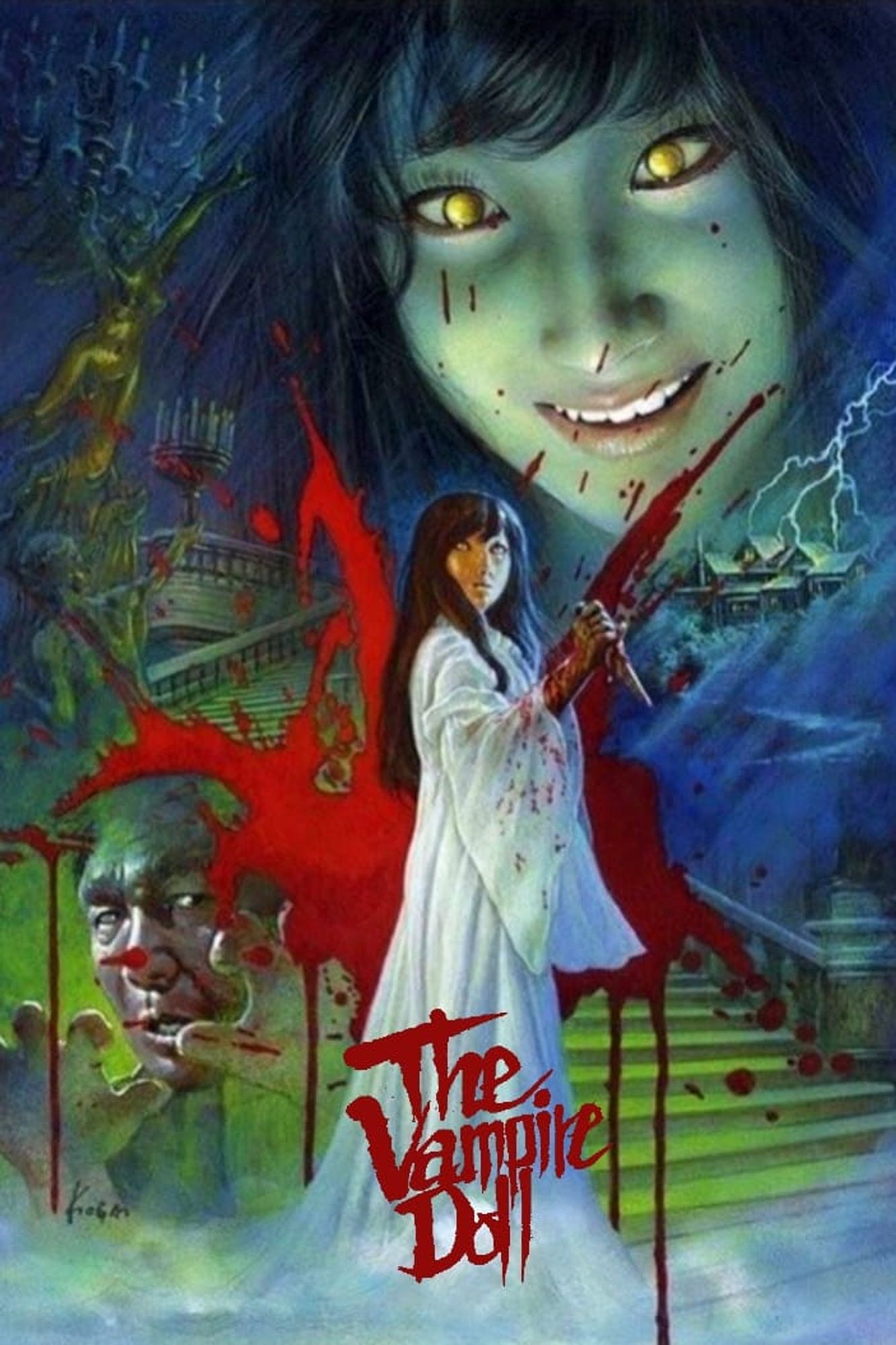 Art for the 1970 Japanese Gothic horror movie THE VAMPIRE DOLL.
A young woman, all in white and carrying a knife, stands at the foot of a long staircase that leads to a mansion in the background. Above, the green0-tinted face of another woman looks down, her eyes glowing gold. Lightning flashes, and there's a large splash of blood.