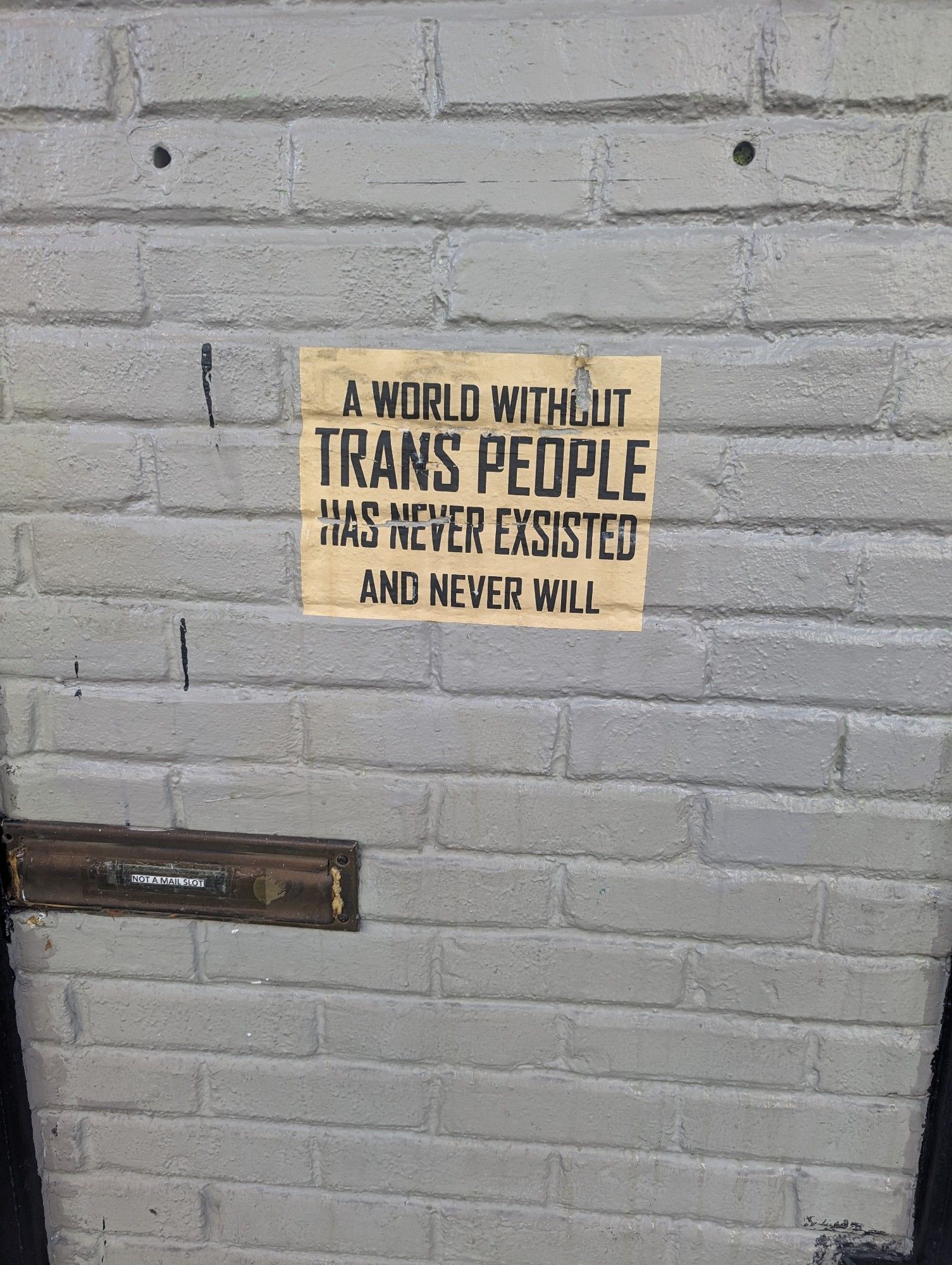 The sign says, "A world without Trans People has never existed and never will". 