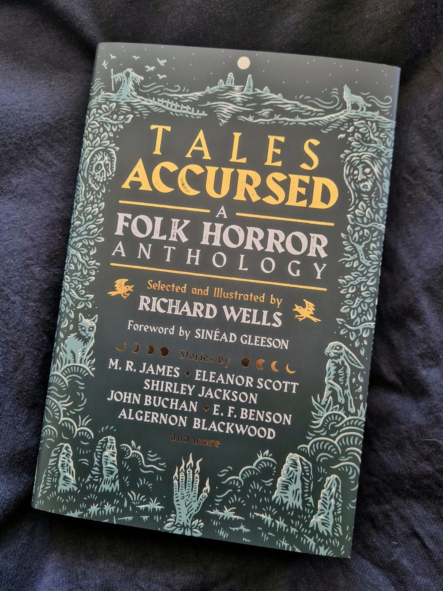 Book cover with beautiful border illustration of standing stones, spooky animals and figures, and a raised hand with fingers burning like candles. Words in white and gold foil.

TALES ACCURSED

A FOLK HORROR ANTHOLOGY

Selected and Illustrated by RICHARD WELLS

Foreword by SINÉAD GLEESON

Stories by M. R. JAMES, ELEANOR SCOTT, SHIRLEY JACKSON l, JOHN BUCHAN, E. F. BENSON, ALGERNON BLACKWOOD