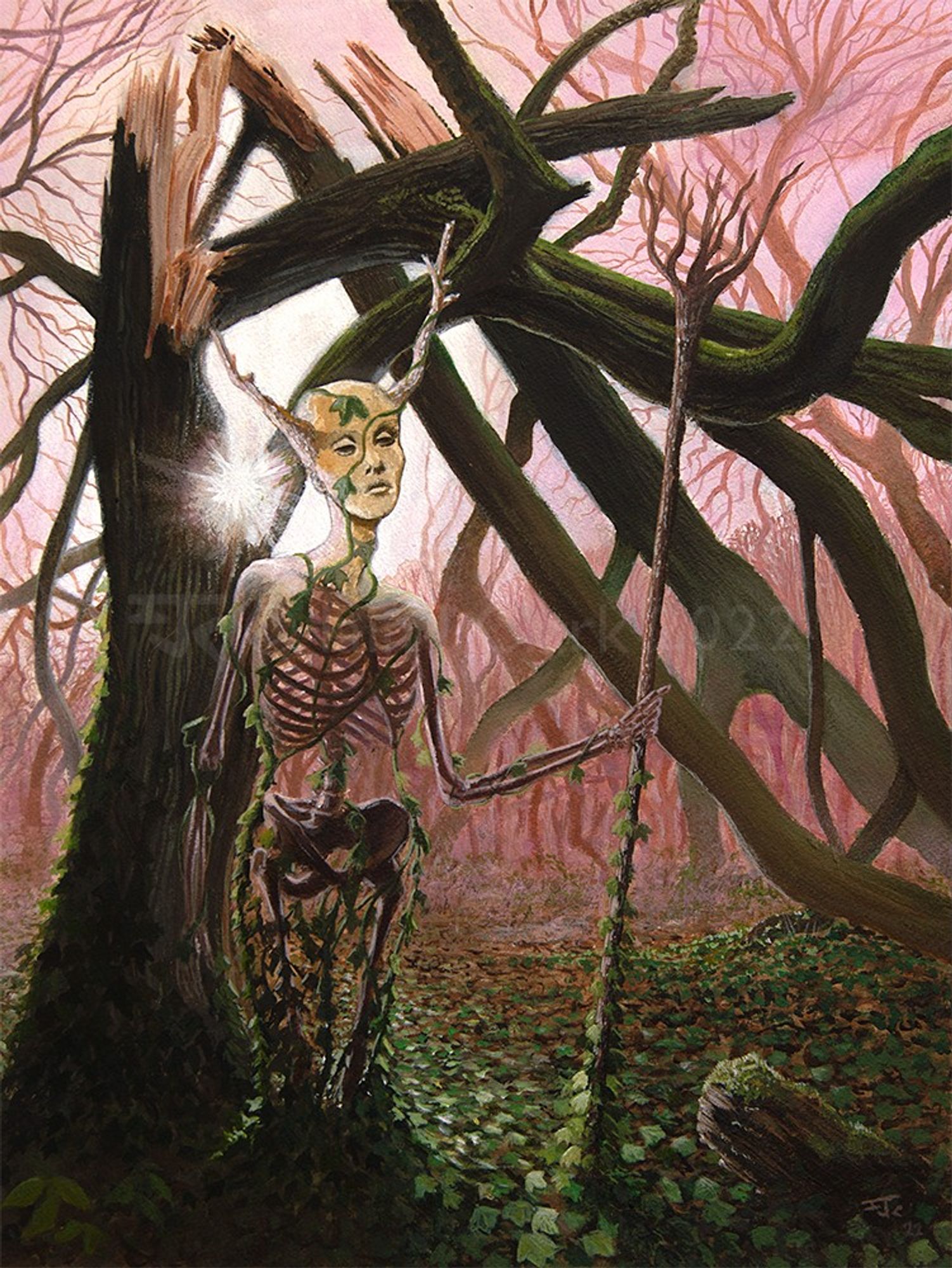 Against a brilliant low sun and misty magenta woodland, a tree has cracked and the top half fallen, the bare interior wood still fresh and splintered.  In front of it a skeletal figure with a staff stands, green ivy from the forest floor growing up and among her bones and her wooden staff.