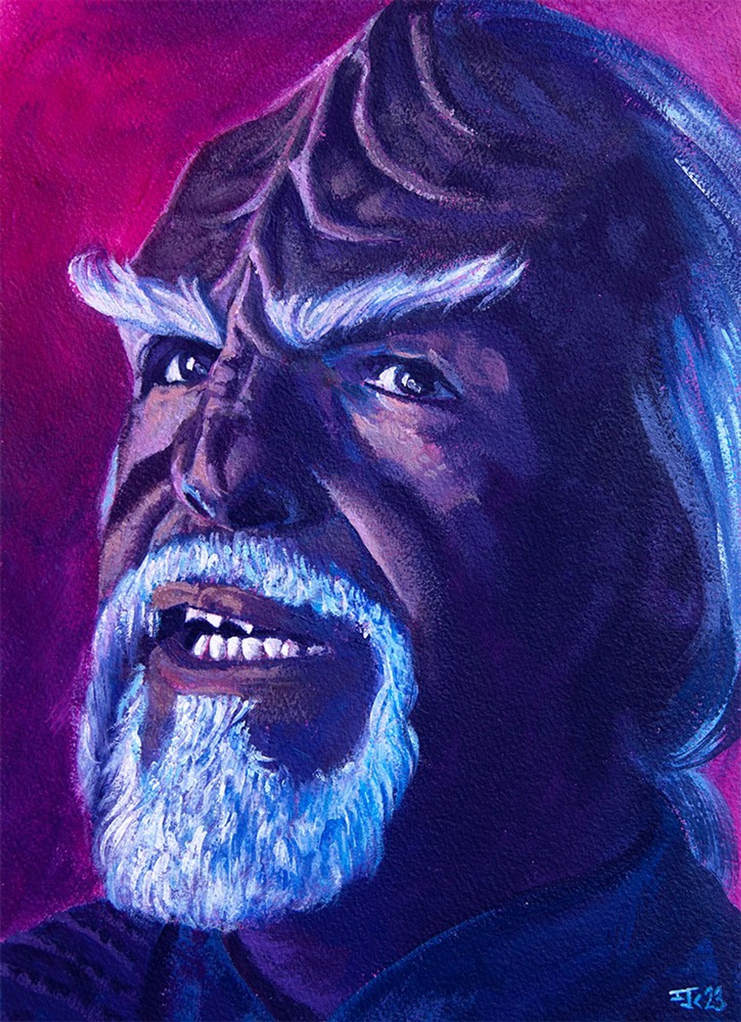 Painting by me of Michael Dorn as Worf in Season 3 of Star Trek Picard.  He has white eyebrows and goatee beard and a heavily ridged Klingon forehead, head tilted back against a deep magenta background.