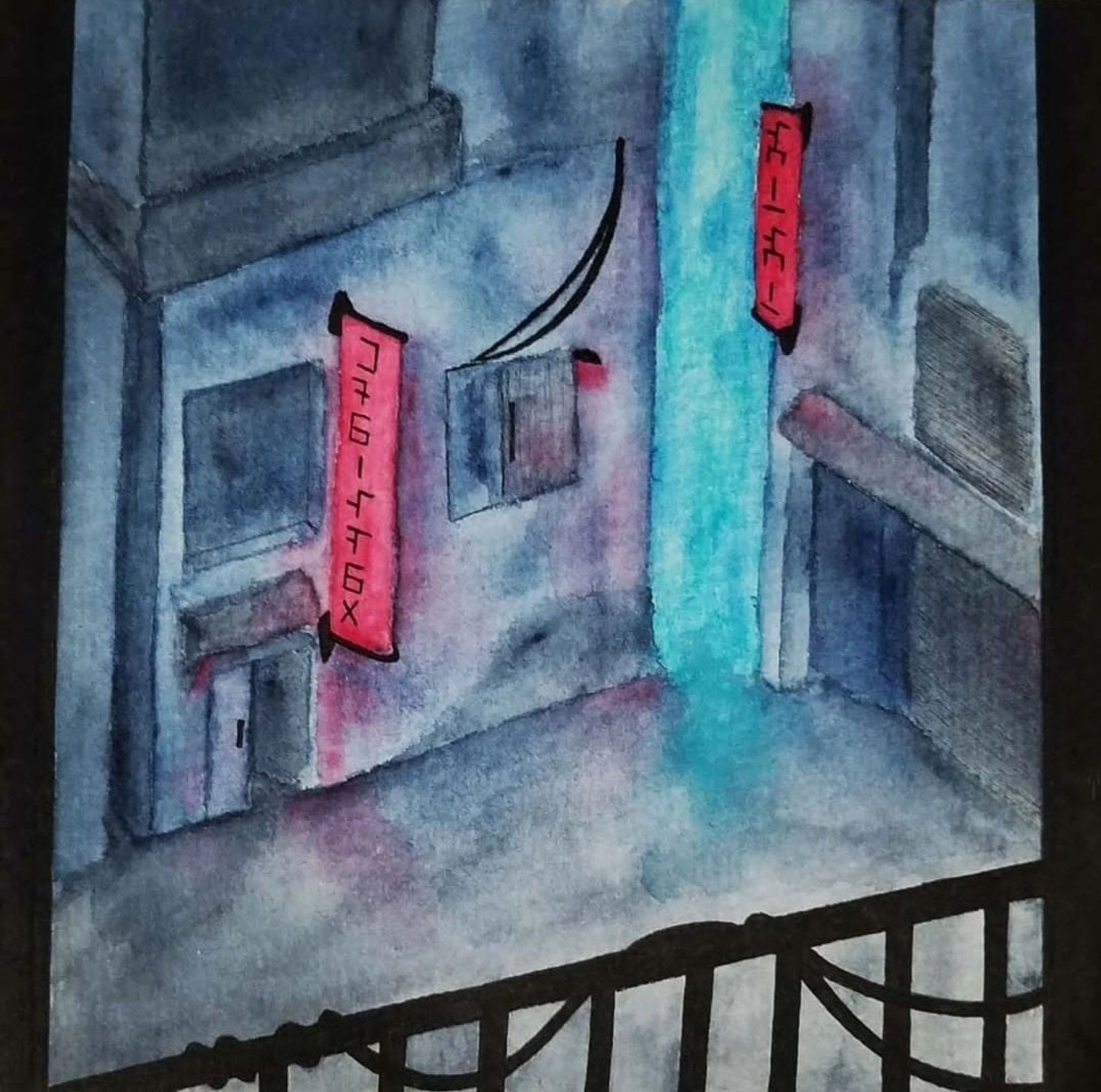 Watercolor painting of a cyberpunk urbanscape. Shows a quiet back alley of tall buildings with two neon red signs of Hylian text.