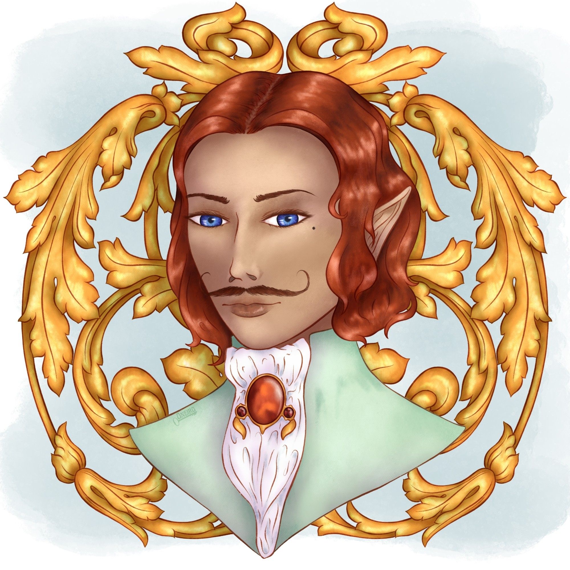 Original digital art. Portrait bust of a male elf, he has tan skin, blue eyes, and a handlebar mustache. His auburn hair is chin length and very wavy. A portion of a frock coat and cravat can be seen, the cravat is pinned with a large carnelian stone and two garnets set into a gold brooch. Behind the elf is elaborate and ornate gold rococo design.