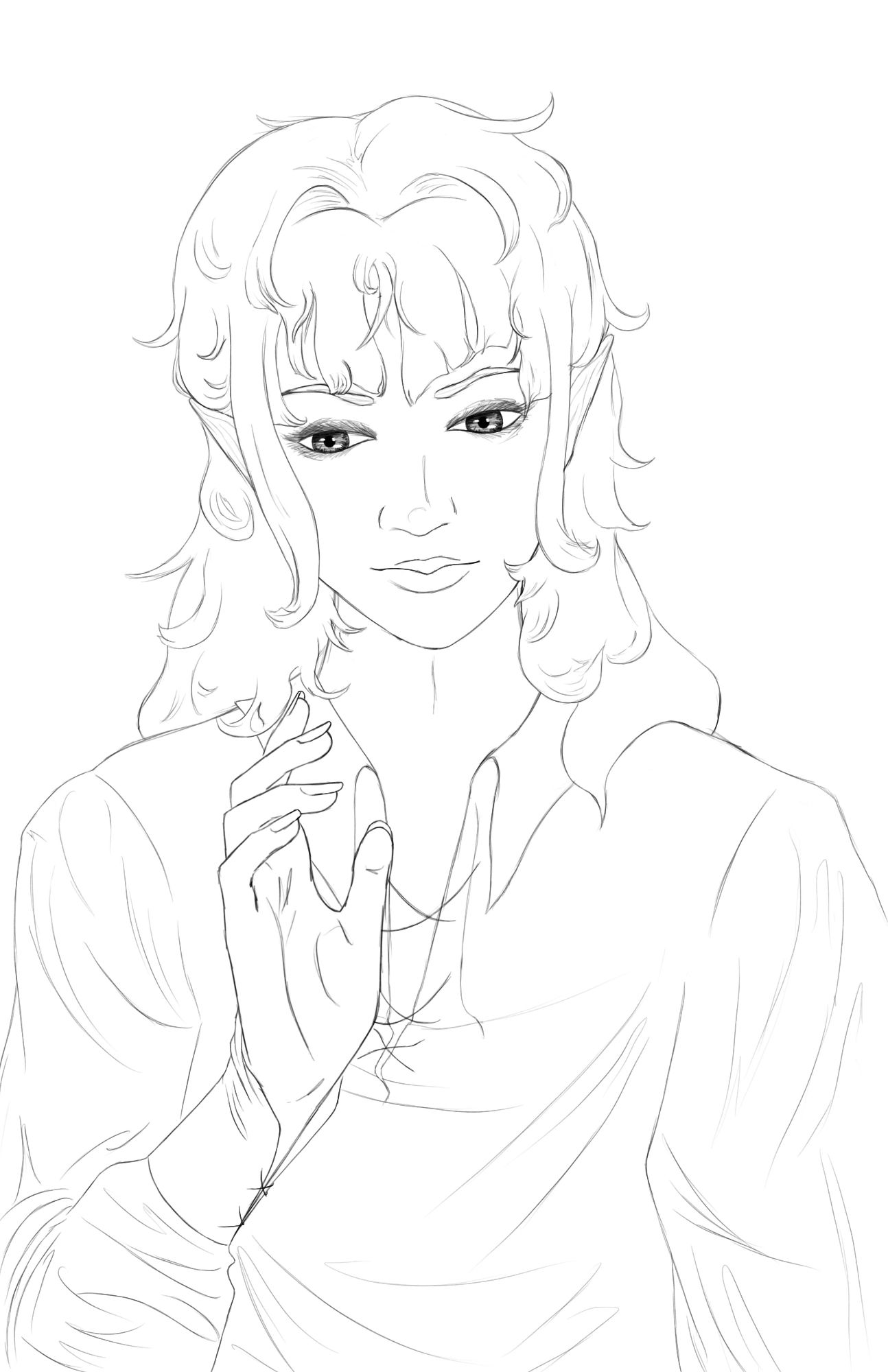 Original digital art sketch. An elven figure in a peasant blouse with long layered choppy hair. They have an elegant hand held near their chest