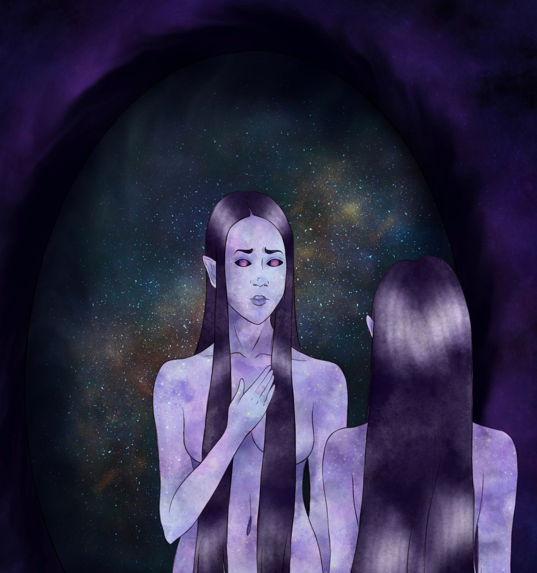 Original digital artwork, album illustration. Shows a goddess figure standing in an ambiguous void. She looks through a portal, revealing herself surrounded by a vibrant galaxy. Her hand is over her chest and her hair covers much of her nude form. Her skin is a motley galaxy of purples, pale blue, and stars. Her hair is long and dark purple. Eyes black with soft glowing orange pinks and purples.