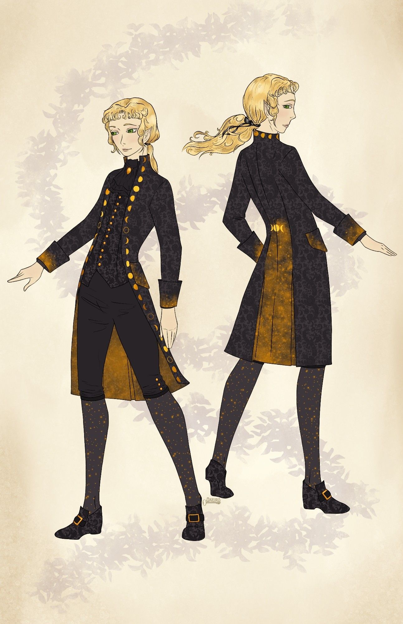 Digital art of an original fashion design. Shows a figure front and back wearing 1700s inspired clothes. There is a justaucorps coat/ 18th century frock coat, in black brocade with gold galaxy lining, the details are gold galaxies, and the trim is gold phases of the moon. There is a waistcoat to match in black brocade with gold buttons and black capris. Buckle shoes with more brocade and gold buckles. The figure has long wavy blond hair tied with a ribbon, green eyes, pale skin, and elf ears.