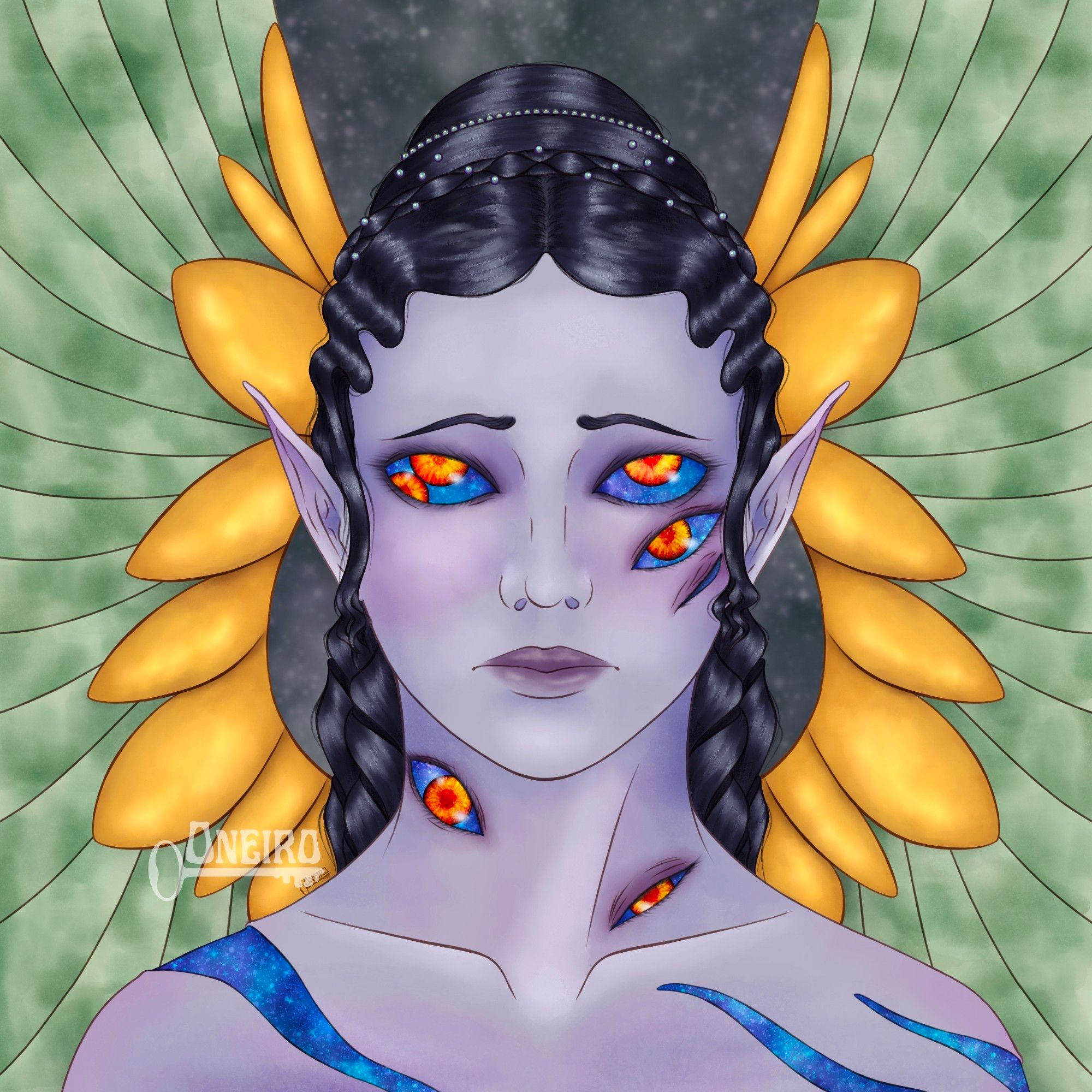 Digital painting of an original character design that shows an androgynous figure looking at the viewer. A seraph angel with purple skin and black hair, nicely coiled with pearls. They have multiple eyes and tears in their body that show a deep blue galaxy, their irises are molten orange like a sun. Behind them are jade and gold wings framing their frace.