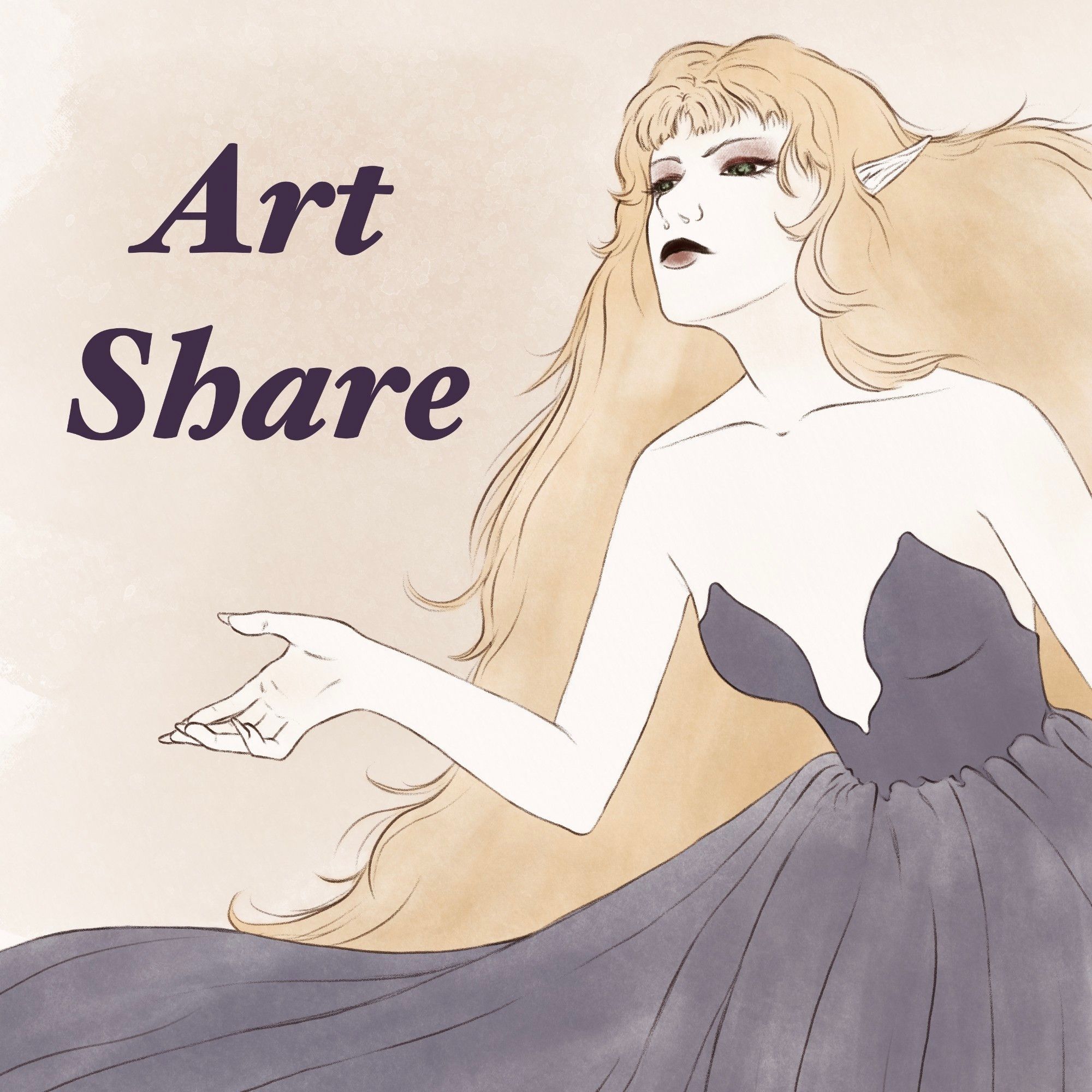 Digital art of a woman in a grey purple ballgown with long flowing blond hair. Text above her hand reaching out says Art Share.